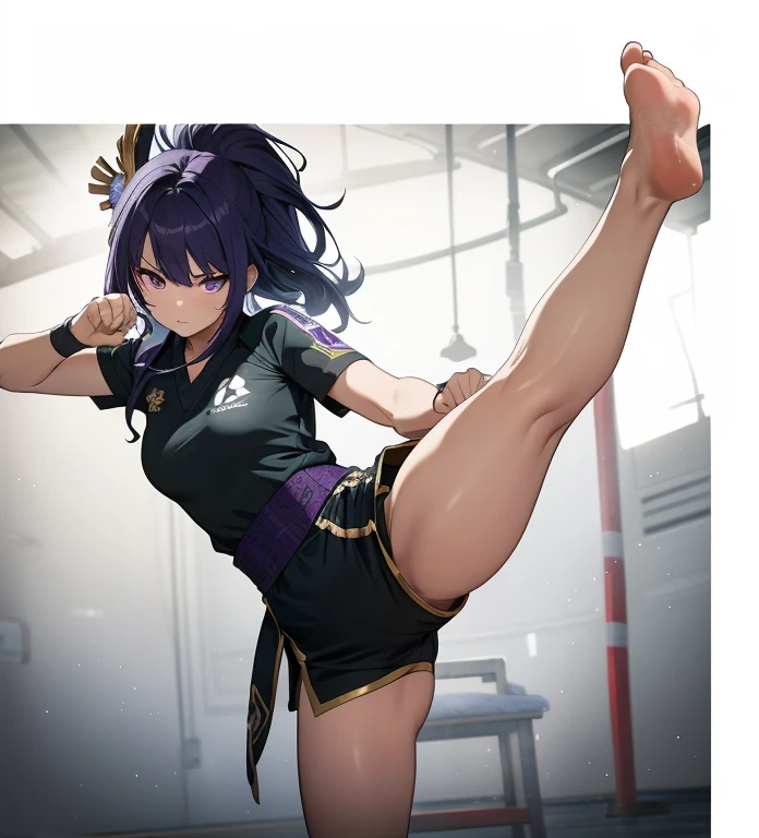 1girl, purple hair, raiden shogun, wearing karate uniform with short sleeves, angry stare, standing on one leg, high kick, soles facing viewer, accurate foot, barehands, barefoot, fighting stance, martial arts, intense battle, barehand fighting contest, in a boxing ring, facing viewer, fit full body in picture, perfect anatomy, (best quality,8K,high resolution,ultra-detailed,masterpiece)