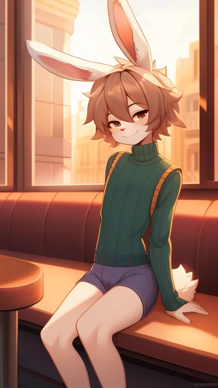 Best quality, super detailed illustration, warm colors, Ideal lighting, (fluffy bunny boy:1.4), white fur ,feminine face and body, disheveled thick hair, short shorts,  long sleeve sweater, vest, sitting in a cafe by the window, smug smile, half-closed eyes , Femboy,  slim, perfect body, style &quot;DND&quot;