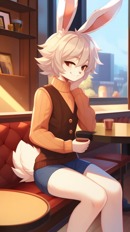 Best quality, super detailed illustration, warm colors, Ideal lighting, (fluffy bunny boy:1.4), white fur ,feminine face and body, disheveled thick hair, short shorts,  long sleeve sweater, vest, sitting in a cafe by the window, smug smile, half-closed eyes , Femboy,  slim, perfect body, style &quot;DND&quot;
