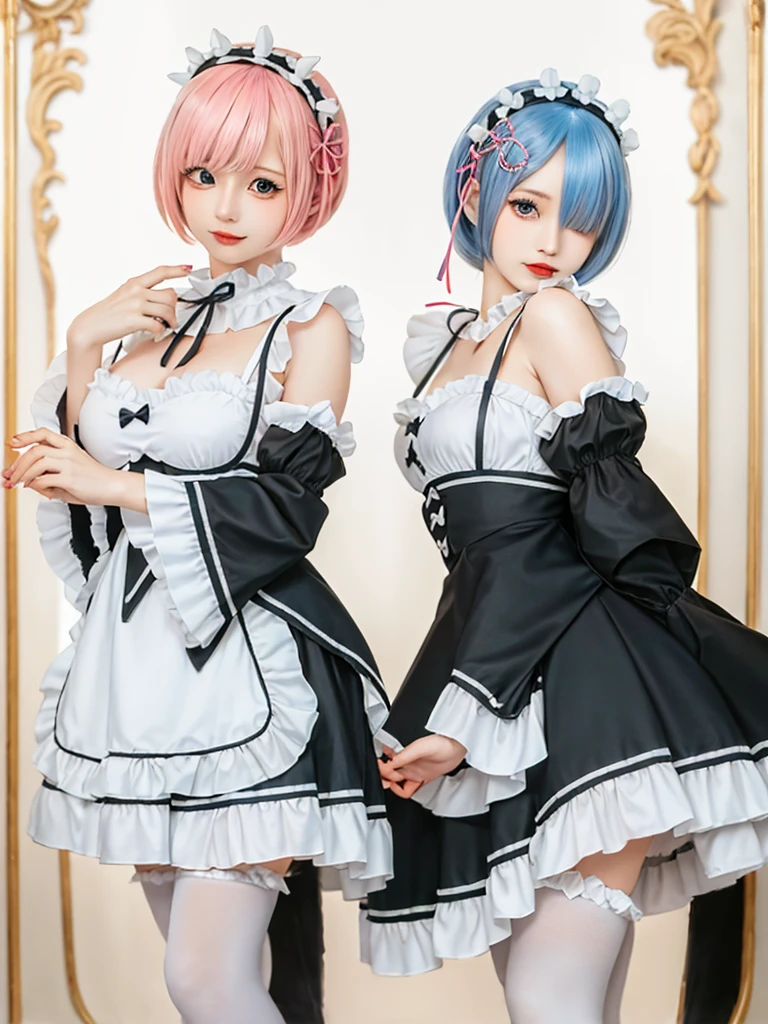 (8K, Photorealistic, Raw photo, of the highest quality: 1.3), (1girl in), Super beautiful, (Realistic face), (boyish, pink Color Berry Shorthair), Beautiful , Glare that captivates the viewer, Beautiful expression, Beautiful , (Realistic skin), Be...Create a detailed and colorful image of Ram and Rem from Re:Zero, standing back-to-back in their maid outfits, with a magical fantasy background、14yearsirls,cute, perfect face, beautiful, nice body, gothic lolita clothes, goolita fashion, frilly sheaddress, necklace, bracelet, knee-high socks, boots, double eyelids, tear bags, Detailed down to the fingers, photo-like description, indoors, dim indoor lighting, one girl is pink hair and short bob, another girl is light blue haind short bob,standing, sexy posing,whole body, compositithat shows the whole body, smiling,The Both of them are wearing the same type of maid outfit,Optimal ratio of 4 fingers and 1 thumb