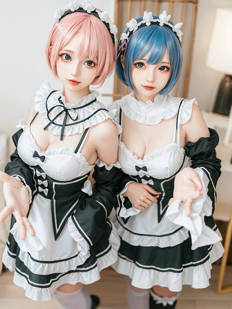 (8K, Photorealistic, Raw photo, of the highest quality: 1.3), (1girl in), Super beautiful, (Realistic face), (boyish, pink Color Berry Shorthair), Beautiful , Glare that captivates the viewer, Beautiful expression, Beautiful breasts, (Realistic skin), Be...Create a detailed and colorful image of Ram and Rem from Re:Zero, standing back-to-back in their maid outfits, with a magical fantasy background、14years old, two girls,cute, perfect face, beautiful, nice body, gothic lolita clothes, gothic lolita fashion, frilly skirt, headdress, necklace, bracelet, knee-high socks, boots, double eyelids, tear bags, Detailed down to the fingers, photo-like description, indoors, dim indoor lighting, one girl is pink hair and short bob, another girl is light blue hair and short bob,standing, sexy posing,whole body, composition that shows the whole body, smiling,The Both of them are wearing the same type of maid outfit,Optimal ratio of 4 fingers and 1 thumb
