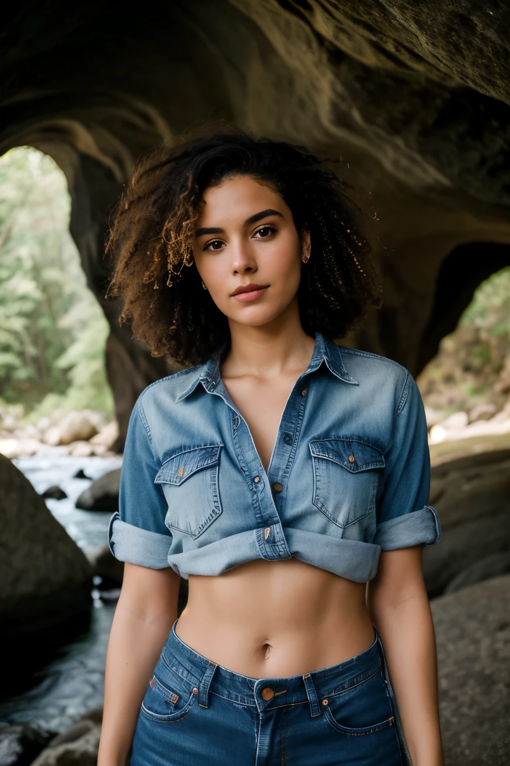 Fotografia de uma mulher, (disturbed facial expression), pele texturizada, arrepio, cabelo loiro afro, plaid flannel shirt with boyfriend jeans, tiro de vaqueiro, dark and mysterious cave with unique rock formations and hidden wonders, olhos perfeitos, (Luz de velas,Claro-escuro), Suporte de 160 cores, filmado em ARRI ALEXA 65, Bokeh, sharp focus on the subject, filmado por Don McCullin