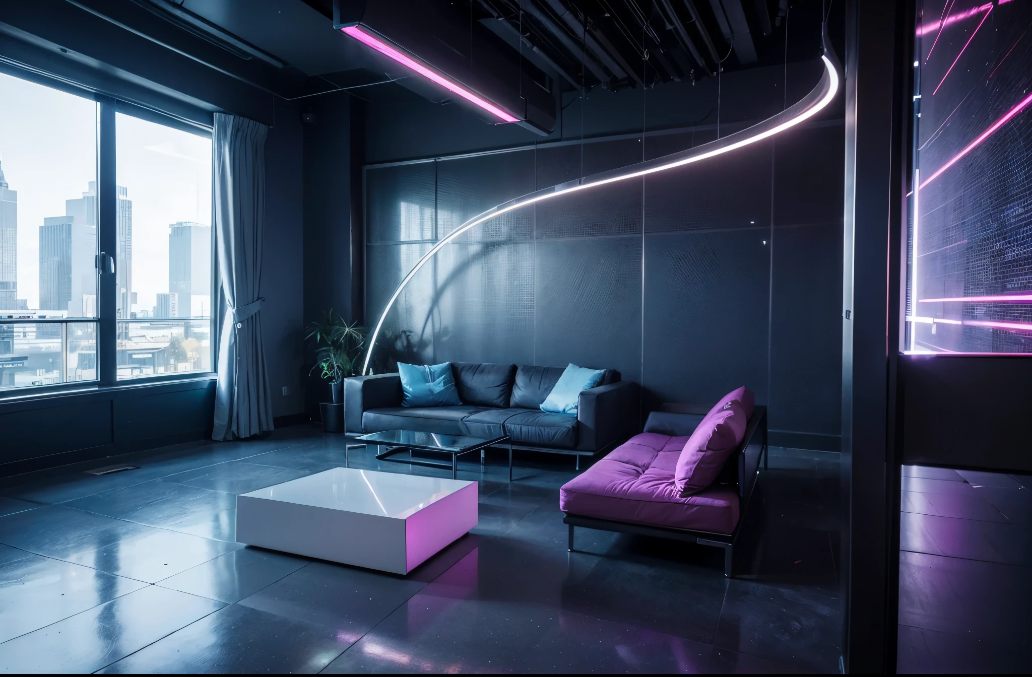 (best quality,4k,8k,highres,masterpiece:1.2),ultra-detailed,(realistic,photorealistic,photo-realistic:1.37),blue and pink cyberpunk empty room with furniture (no person),futuristic neon lights,high-tech,modern design,transparent walls,reflection on the floor,levitating objects,vibrant colors,glowing holographic displays,highly-detailed 3D models,sleek furniture,ambient lighting,shadows and highlights,hi-tech gadgets,smooth surfaces,metallic finishes,contemporary artwork,industrial accents,geometric shapes,abstract patterns,laser beams,an immersive atmosphere,wireless charging pads,LED strips,interplay of light and shadows,advanced technology,crystal-clear glass,neon signs,streaming data,innovative architecture,cosmic backdrop,electronic devices,sophisticated aesthetics,motion sensor activated lights,a perfect blend of blue and pink tones,a minimalistic approach with a touch of avant-garde,an ethereal and otherworldly aura,unique and cutting-edge design elements for a surreal experience.