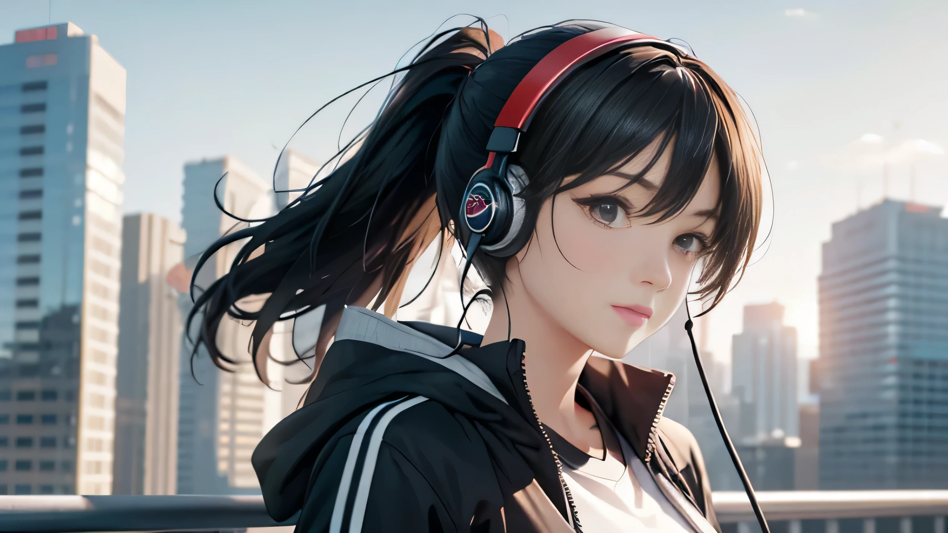 Super high resolution, (((1.6 from the bottom)))Japanese, 1 woman around 20 years old, black hair, headphones, ponytail, beautiful face, detailed face, detailed eyes, realistic eyes, fine skin, real skin, Smile, messy hair, messy hair, thin, beautiful body, big breasts, style, (surreal), (enlightenment), (increase resolution), (8k), (RAW photo, highest quality), ( Realistic, Photo Real: 1.3), Top quality, Highly detailed, Masterpiece, Upper body, Front view, Sunny weather, Park, Ponytail with headphones,