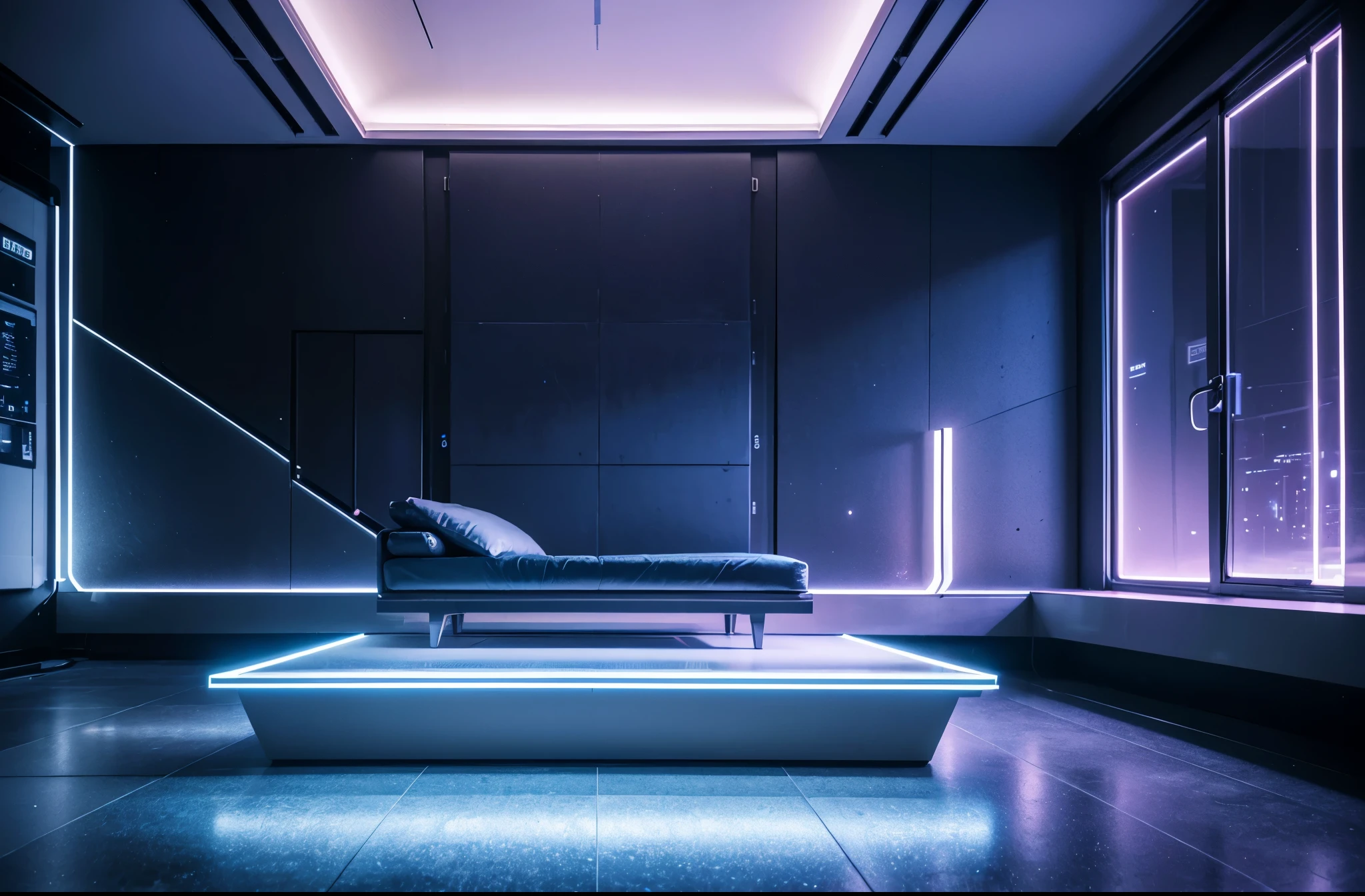 (best quality,4k,8k,highres,masterpiece:1.2),ultra-detailed,(realistic,photorealistic,photo-realistic:1.37),blue and pink cyberpunk empty room with furniture (no person),futuristic neon lights,high-tech,modern design,transparent walls,reflection on the floor,levitating objects,vibrant colors,glowing holographic displays,highly-detailed 3D models,sleek furniture,ambient lighting,shadows and highlights,hi-tech gadgets,smooth surfaces,metallic finishes,contemporary artwork,industrial accents,geometric shapes,abstract patterns,laser beams,an immersive atmosphere,wireless charging pads,LED strips,interplay of light and shadows,advanced technology,crystal-clear glass,neon signs,streaming data,innovative architecture,cosmic backdrop,electronic devices,sophisticated aesthetics,motion sensor activated lights,a perfect blend of blue and pink tones,a minimalistic approach with a touch of avant-garde,an ethereal and otherworldly aura,unique and cutting-edge design elements for a surreal experience.