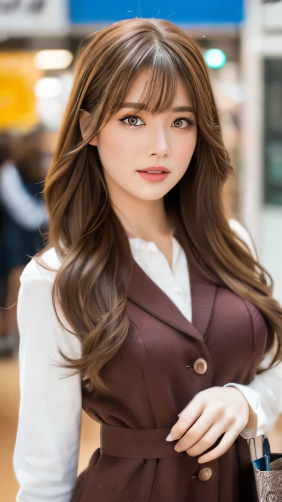 Best quality, 8k,  ,Masterpiece :1.3)), facing viewer,((full body1.2)) ,pretty woman, wide shot ,1girl, , selfie   , ,, Shopping Mall, brown hair  , bangs,ultra-detailed face, highly detailed lips, detailed eyes, double eyelid