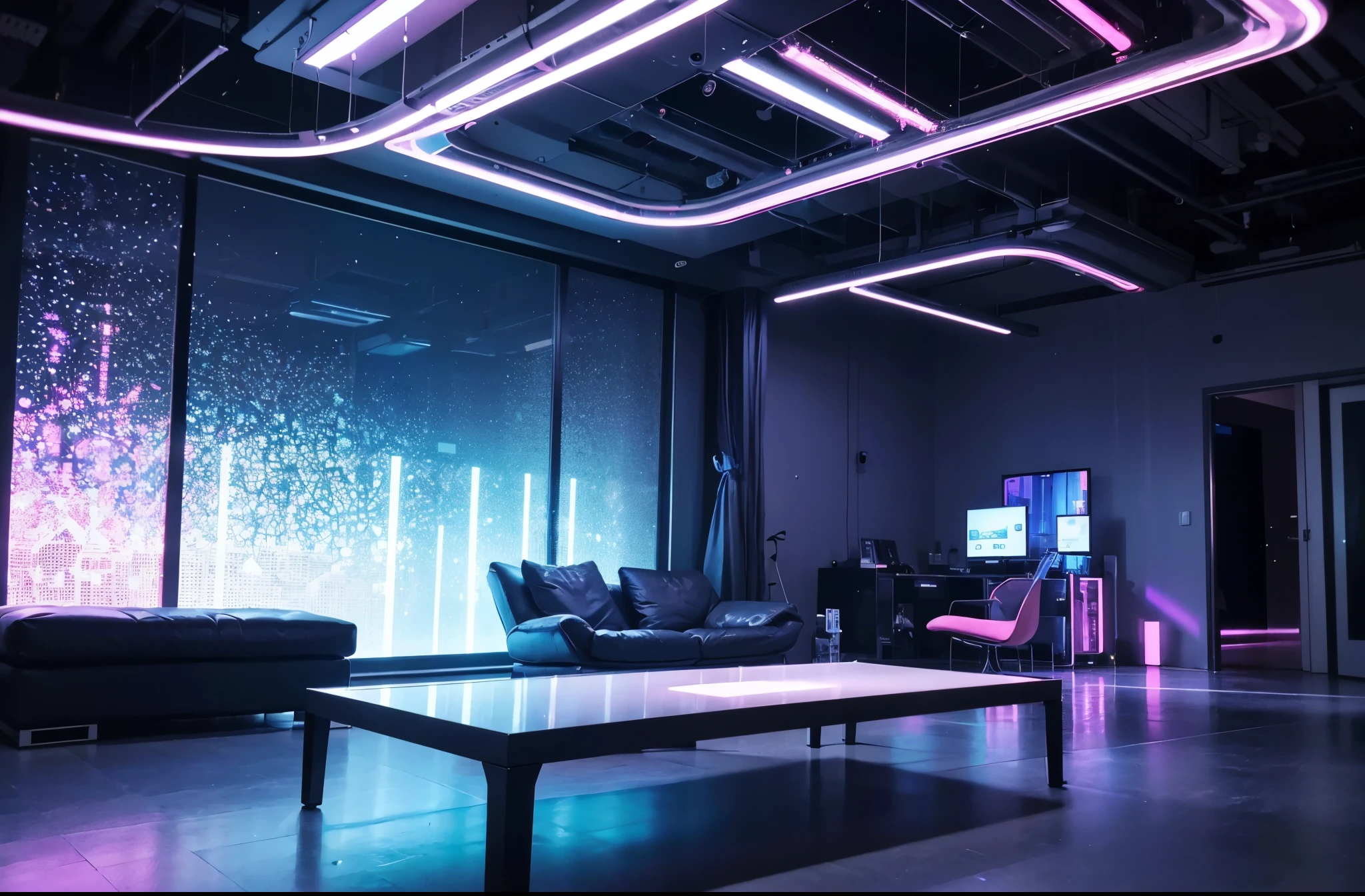 (best quality,4k,8k,highres,masterpiece:1.2),ultra-detailed,(realistic,photorealistic,photo-realistic:1.37),blue and pink cyberpunk empty room with furniture (no person),futuristic neon lights,high-tech,modern design,transparent walls,reflection on the floor,levitating objects,vibrant colors,glowing holographic displays,highly-detailed 3D models,sleek furniture,ambient lighting,shadows and highlights,hi-tech gadgets,smooth surfaces,metallic finishes,contemporary artwork,industrial accents,geometric shapes,abstract patterns,laser beams,an immersive atmosphere,wireless charging pads,LED strips,interplay of light and shadows,advanced technology,crystal-clear glass,neon signs,streaming data,innovative architecture,cosmic backdrop,electronic devices,sophisticated aesthetics,motion sensor activated lights,a perfect blend of blue and pink tones,a minimalistic approach with a touch of avant-garde,an ethereal and otherworldly aura,unique and cutting-edge design elements for a surreal experience.