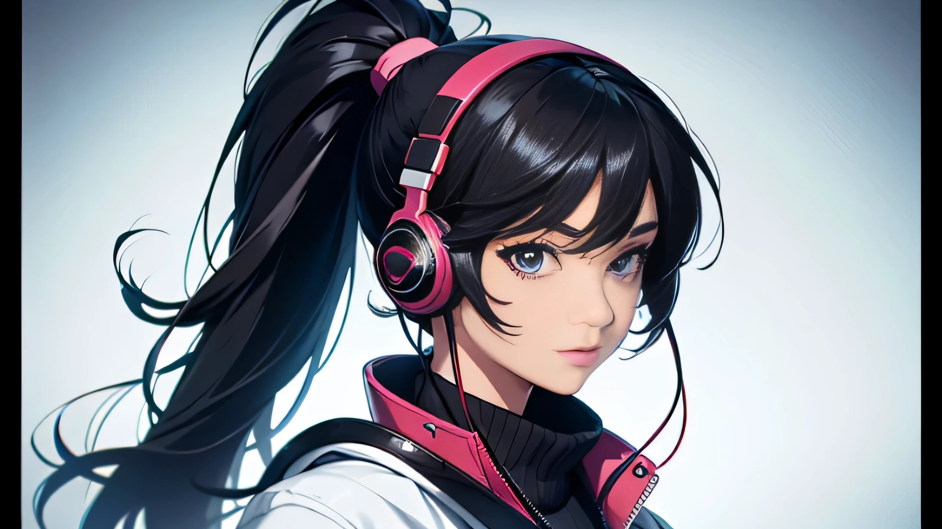 Super high quality, 1980s pop culture anime style, solo female, full body, 1 female, 20 years old, black hair, headphones, ponytail, photographed from a distance, beautiful face, detailed face, detailed eyes, realistic eyes, Fine skin, real skin, smile, , slim, beautiful body, big breasts, style, (increase resolution), (8k), , top quality, very detailed, masterpiece, up to the tip of the head, straight ahead facing, no background