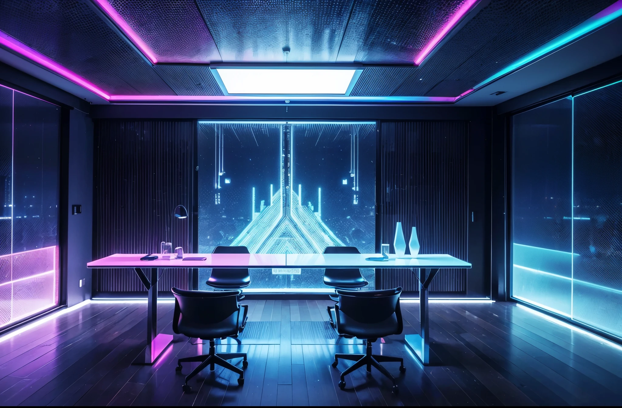 (best quality,4k,8k,highres,masterpiece:1.2),ultra-detailed,(realistic,photorealistic,photo-realistic:1.37),blue and pink cyberpunk empty room with furniture (no person),futuristic neon lights,high-tech,modern design,transparent walls,reflection on the floor,levitating objects,vibrant colors,glowing holographic displays,highly-detailed 3D models,sleek furniture,ambient lighting,shadows and highlights,hi-tech gadgets,smooth surfaces,metallic finishes,contemporary artwork,industrial accents,geometric shapes,abstract patterns,laser beams,an immersive atmosphere,wireless charging pads,LED strips,interplay of light and shadows,advanced technology,crystal-clear glass,neon signs,streaming data,innovative architecture,cosmic backdrop,electronic devices,sophisticated aesthetics,motion sensor activated lights,a perfect blend of blue and pink tones,a minimalistic approach with a touch of avant-garde,an ethereal and otherworldly aura,unique and cutting-edge design elements for a surreal experience.