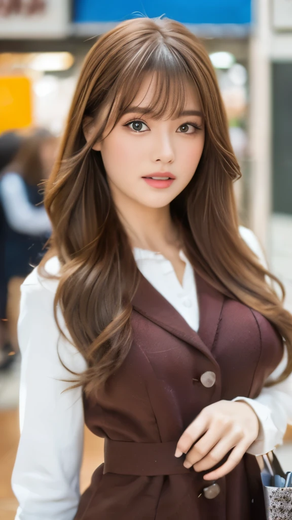 Best quality, 8k, ,Masterpiece :1.3)), facing viewer,((full body1.2)) ,pretty woman, wide shot ,1girl, , selfie , ,, Shopping Mall, brown hair , bangs,ultra-detailed face, highly detailed lips, detailed eyes, double eyelid