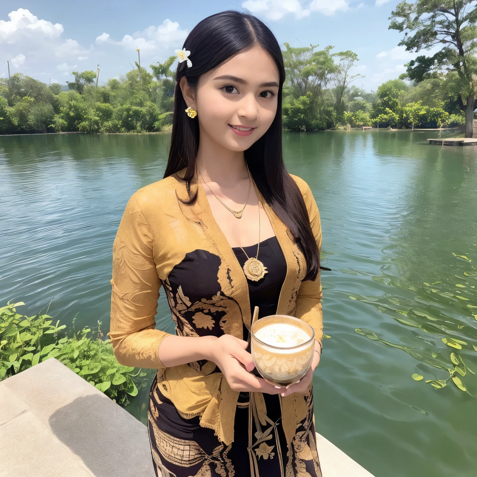 (nsfw:1.2), Hyperealism, 8k, textured skin, masterpiece, best quality, super detailed, beautiful, insanely detailed, absurdres, perfect anatomy, best anatomy,
an Indonesian girls, 17 years old, epic skin, detailed skin, black hair in a single big bun, beautiful face, perfect anatomy, wearing gold earrings, gold necklace, bracelet, wearing a green traditional Indonesian kebaya clothes, wearing an intricately patterned brown batik tapih indonesia, (heavy big breasts), huge breasts, was sitting by the lake, holding glass coffee: 1.2, holding a glass of hot coffee, enjoying the coffee and the view, the view was very beautiful, several birds flying: 1.2, flowers on the edge of the lake: 1.2, lotus flowers in the water: 1.0, fish appearing in the water: 1.2, the atmosphere was very realistic: 1.5, side corner shot, intricate, wide shot, canon, fujifilm, realistic photo, beest color, expert photography.