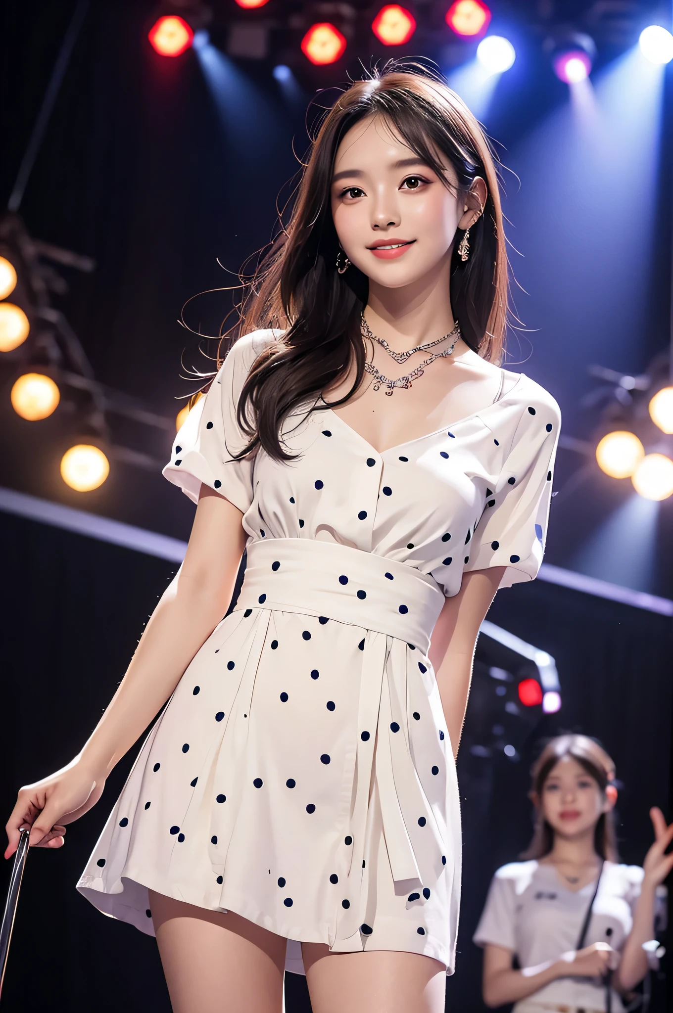 22-year-old girl has a perfect face, right hand and hair, Cute short sleeve and casual pants set, Slim and plump body. Skin with delicate eyes (1.1 emphasize), Very detailed skin texture (1.1 emphasize). Thin necklace, Model photo style, Reality, The skin texture is a real human skin texture, Fine skin pores, Intricate details, The eyes are very detailed, polka dot dress, Given by the group, Given by the group colorful!!!、! dream Given by the group, highly detailed Given by the group, from knee up, Attractive and sexy, Smile, Stage lighting information beautiful and confident,full-body shot