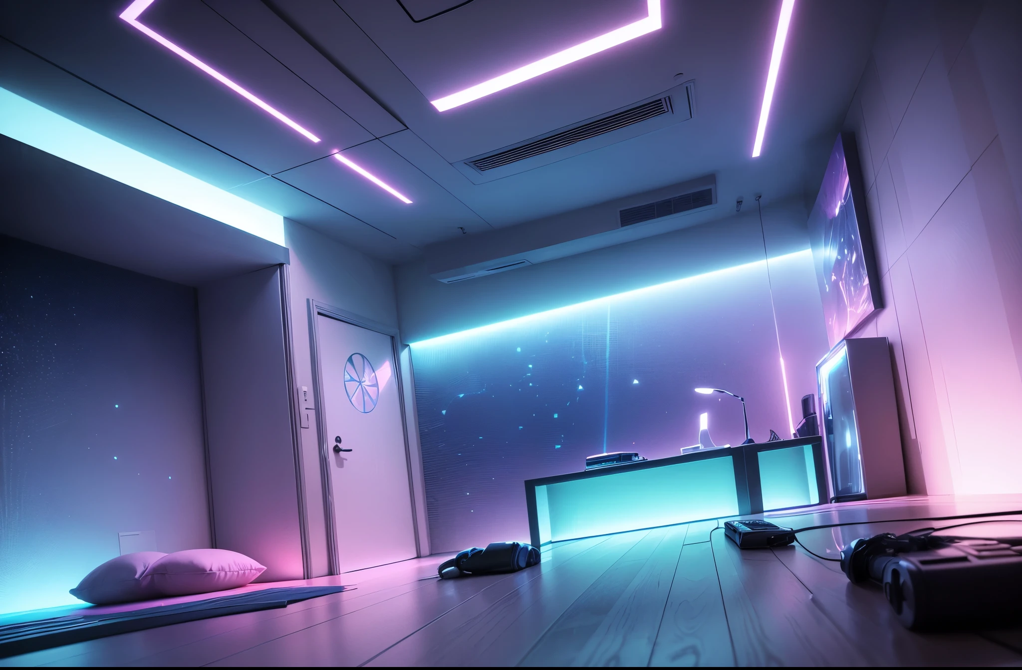 (best quality,4k,8k,highres,masterpiece:1.2),ultra-detailed,(realistic,photorealistic,photo-realistic:1.37),blue and pink cyberpunk empty room with furniture (no person),futuristic neon lights,high-tech,modern design,transparent walls,reflection on the floor,levitating objects,vibrant colors,glowing holographic displays,highly-detailed 3D models,sleek furniture,ambient lighting,shadows and highlights,hi-tech gadgets,smooth surfaces,metallic finishes,contemporary artwork,industrial accents,geometric shapes,abstract patterns,laser beams,an immersive atmosphere,wireless charging pads,LED strips,interplay of light and shadows,advanced technology,crystal-clear glass,neon signs,streaming data,innovative architecture,cosmic backdrop,electronic devices,sophisticated aesthetics,motion sensor activated lights,a perfect blend of blue and pink tones,a minimalistic approach with a touch of avant-garde,an ethereal and otherworldly aura,unique and cutting-edge design elements for a surreal experience.
