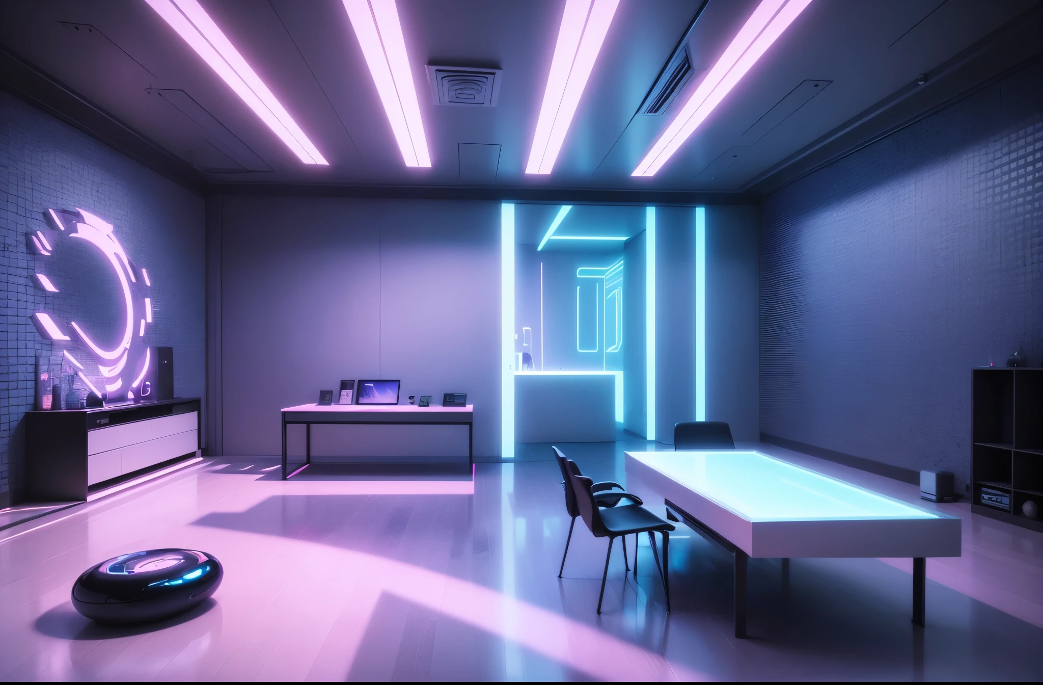 (best quality,4k,8k,highres,masterpiece:1.2),ultra-detailed,(realistic,photorealistic,photo-realistic:1.37),blue and pink cyberpunk empty room with furniture (no person),futuristic neon lights,high-tech,modern design,transparent walls,reflection on the floor,levitating objects,vibrant colors,glowing holographic displays,highly-detailed 3D models,sleek furniture,ambient lighting,shadows and highlights,hi-tech gadgets,smooth surfaces,metallic finishes,contemporary artwork,industrial accents,geometric shapes,abstract patterns,laser beams,an immersive atmosphere,wireless charging pads,LED strips,interplay of light and shadows,advanced technology,crystal-clear glass,neon signs,streaming data,innovative architecture,cosmic backdrop,electronic devices,sophisticated aesthetics,motion sensor activated lights,a perfect blend of blue and pink tones,a minimalistic approach with a touch of avant-garde,an ethereal and otherworldly aura,unique and cutting-edge design elements for a surreal experience.
