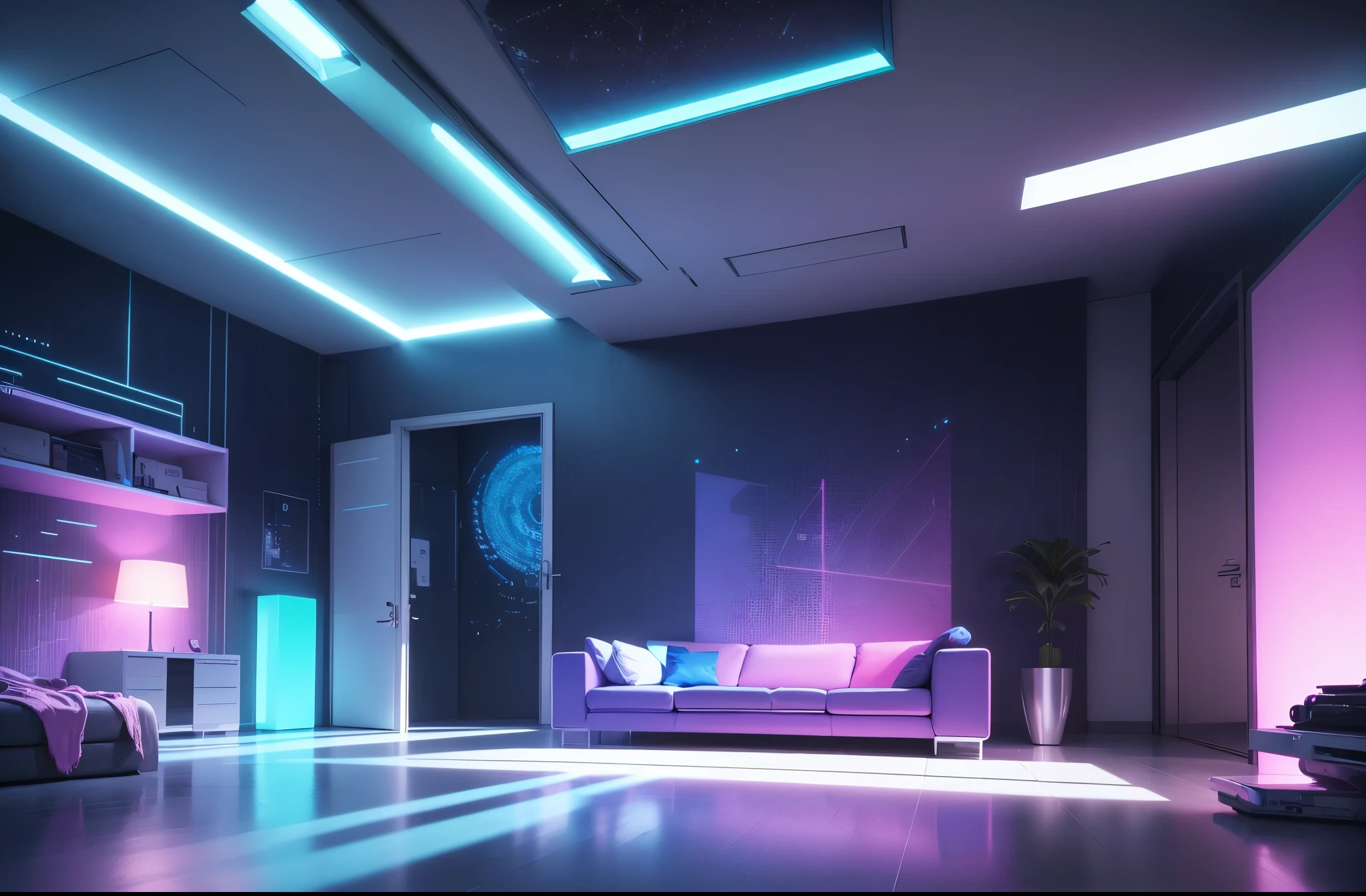 (best quality,4k,8k,highres,masterpiece:1.2),ultra-detailed,(realistic,photorealistic,photo-realistic:1.37),blue and pink cyberpunk empty room with furniture (no person),futuristic neon lights,high-tech,modern design,transparent walls,reflection on the floor,levitating objects,vibrant colors,glowing holographic displays,highly-detailed 3D models,sleek furniture,ambient lighting,shadows and highlights,hi-tech gadgets,smooth surfaces,metallic finishes,contemporary artwork,industrial accents,geometric shapes,abstract patterns,laser beams,an immersive atmosphere,wireless charging pads,LED strips,interplay of light and shadows,advanced technology,crystal-clear glass,neon signs,streaming data,innovative architecture,cosmic backdrop,electronic devices,sophisticated aesthetics,motion sensor activated lights,a perfect blend of blue and pink tones,a minimalistic approach with a touch of avant-garde,an ethereal and otherworldly aura,unique and cutting-edge design elements for a surreal experience.