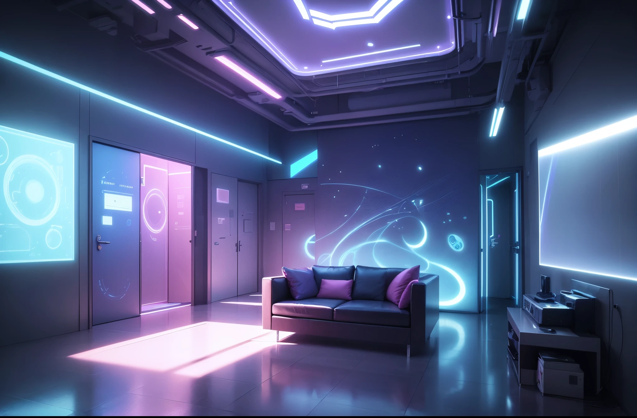 (best quality,4k,8k,highres,masterpiece:1.2),ultra-detailed,(realistic,photorealistic,photo-realistic:1.37),blue and pink cyberpunk empty room with furniture (no person),futuristic neon lights,high-tech,modern design,transparent walls,reflection on the floor,levitating objects,vibrant colors,glowing holographic displays,highly-detailed 3D models,sleek furniture,ambient lighting,shadows and highlights,hi-tech gadgets,smooth surfaces,metallic finishes,contemporary artwork,industrial accents,geometric shapes,abstract patterns,laser beams,an immersive atmosphere,wireless charging pads,LED strips,interplay of light and shadows,advanced technology,crystal-clear glass,neon signs,streaming data,innovative architecture,cosmic backdrop,electronic devices,sophisticated aesthetics,motion sensor activated lights,a perfect blend of blue and pink tones,a minimalistic approach with a touch of avant-garde,an ethereal and otherworldly aura,unique and cutting-edge design elements for a surreal experience.
