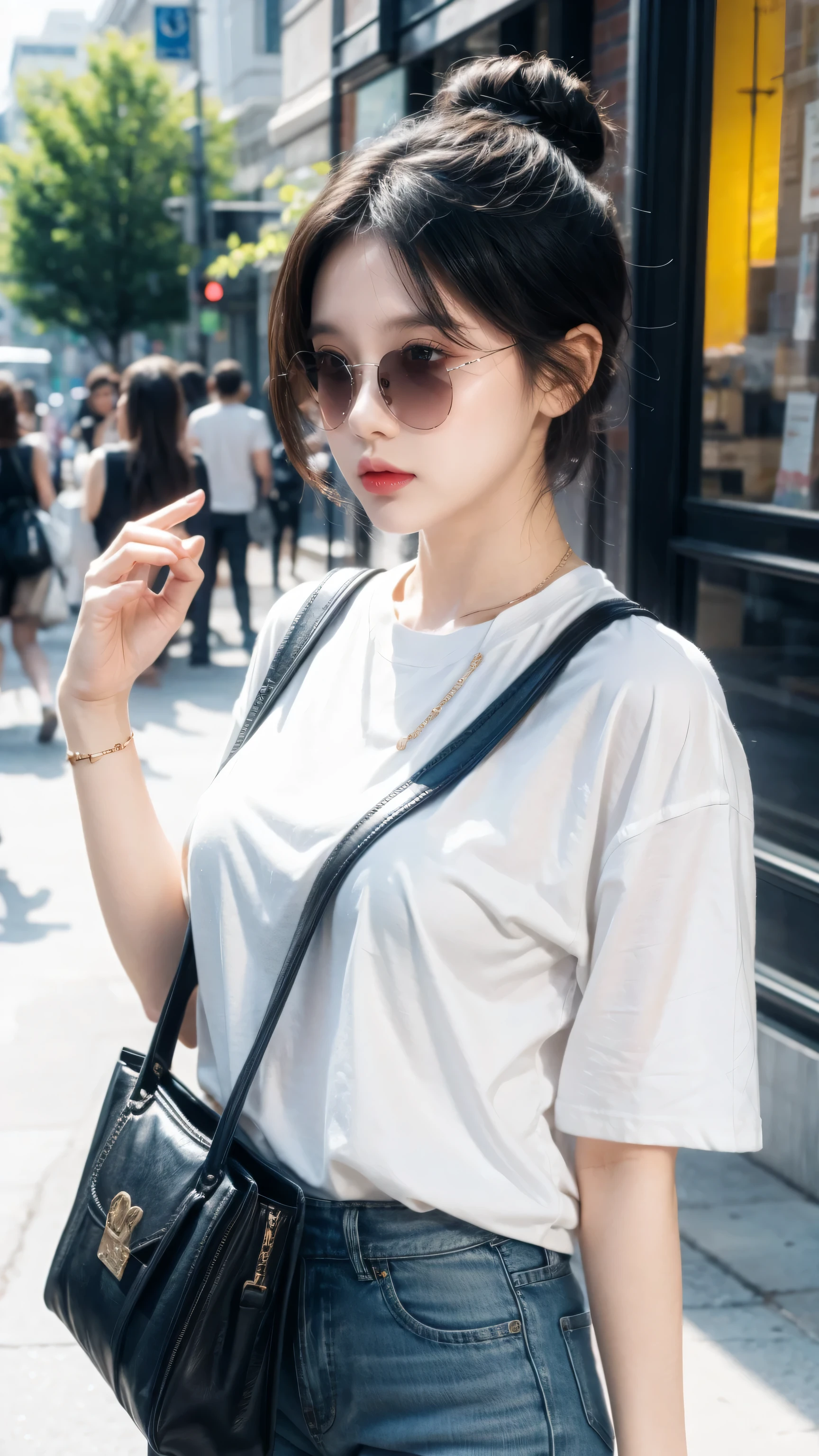 Mixed race woman,(masterpiece:1.2, best quality), 1. Ms., Solitary, Upper Body, Big , Chic and avant-garde leather jacket with white T-shirt and ripped jeans,Light makeup and messy bun,Confident and relaxed (Music festivals or trendy downtown neighborhoods) Statement sunglasses and large jewelry, Comes with a convenient crossbody bag