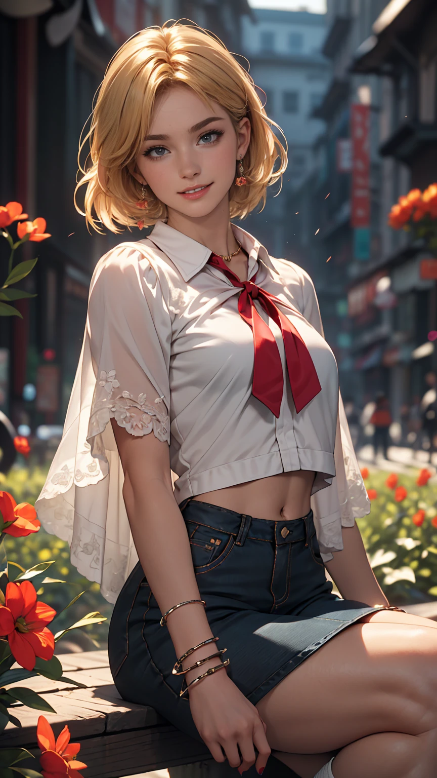 ((最high quality, 8K, masterpiece: 1.3, Ultra HD, high quality, 最high quality, High resolution, realism)) 、A 22-year-old extremely beautiful white woman、Hair color blonde、blue eyeedium Hair、Straight Hair、smile、Slender but well-proportioned body、Background blur((depth of field))、Aerial perspective((atmospheric perspective))、I want my head to stay off screen、Wearing accessories on the wrist、Put an anklet on your ankle、Wearing red nail polish、I have a peticure、Nemofera blooms all over the fields、Wear a sheer blouse、Wear a low-rise micro mini skirt、Wear black knee-high socks、Wear sneakers、smile