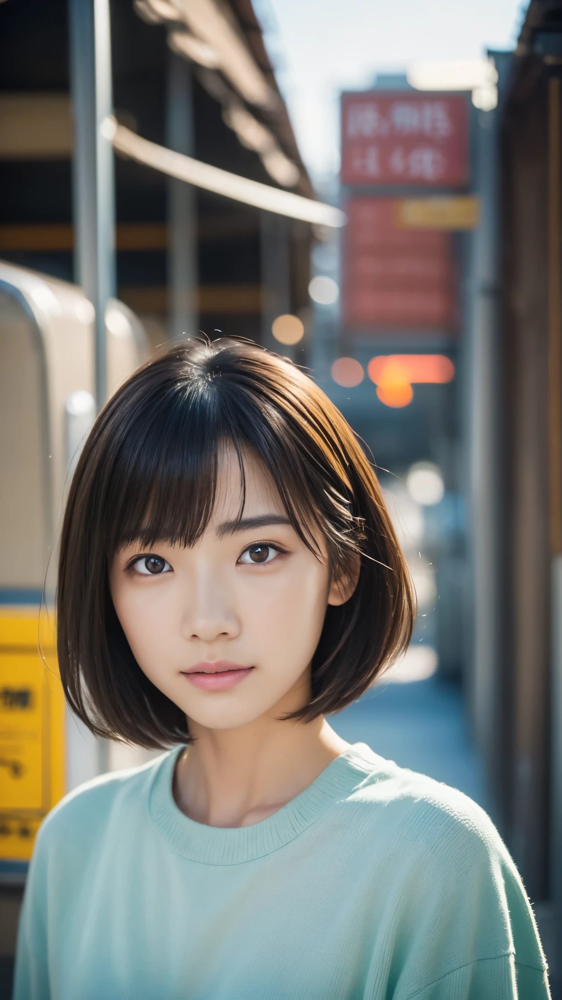 japanese woman, head shot, from front, serious expression, brown eyes, medium hair, bangs, warm tones, industrial buildings, photography, simplicity, high resolution, natural makeup, young adult, Fujifilm XT3, Canon R5, Fujicolor Fujichrome Velvia 100,smile,Upper body photo、Short Hair、