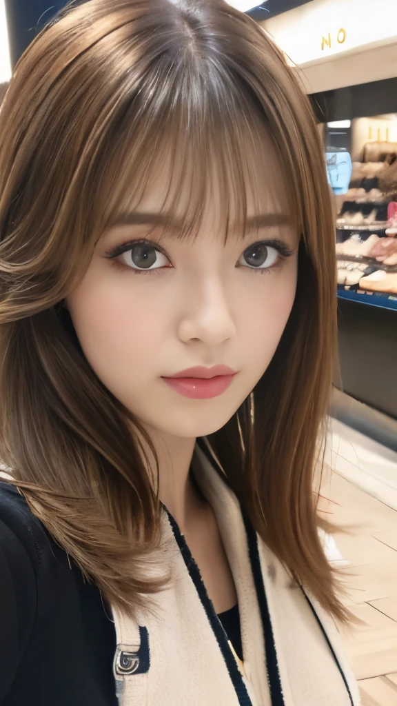 Best quality, 8k, ,Masterpiece :1.3)), facing viewer,((full body1.2)) ,pretty woman, wide shot ,1girl, , selfie , ,, Shopping Mall, brown hair , bangs,ultra-detailed face, highly detailed lips, detailed eyes, double eyelid