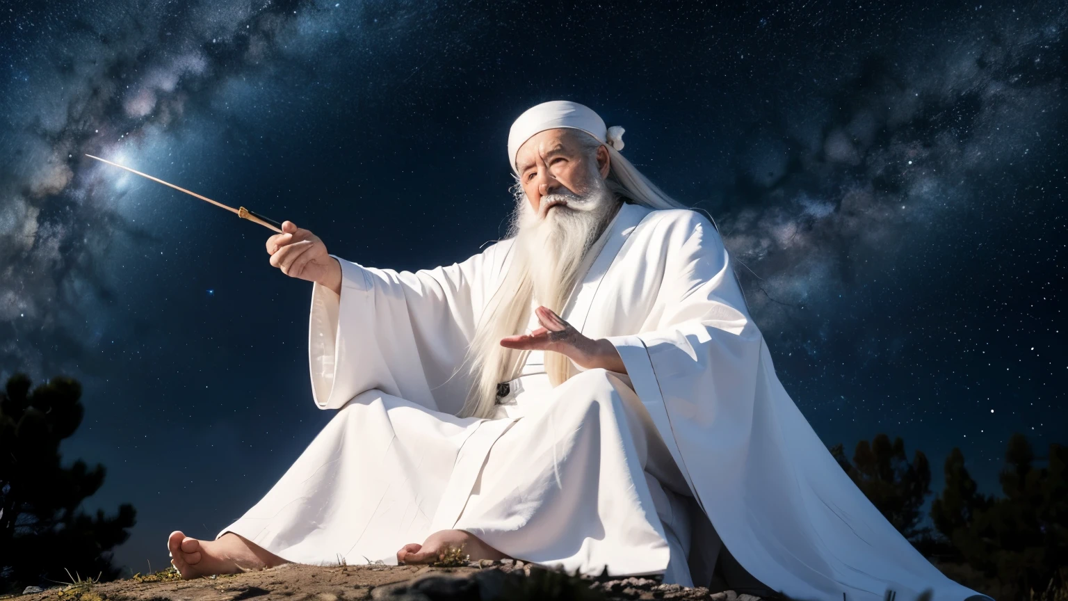 Chinese Taoist old man,White beard is particularly long,Very long white hair,White robe,Without hat,Front sitting posture,Background is starry sky