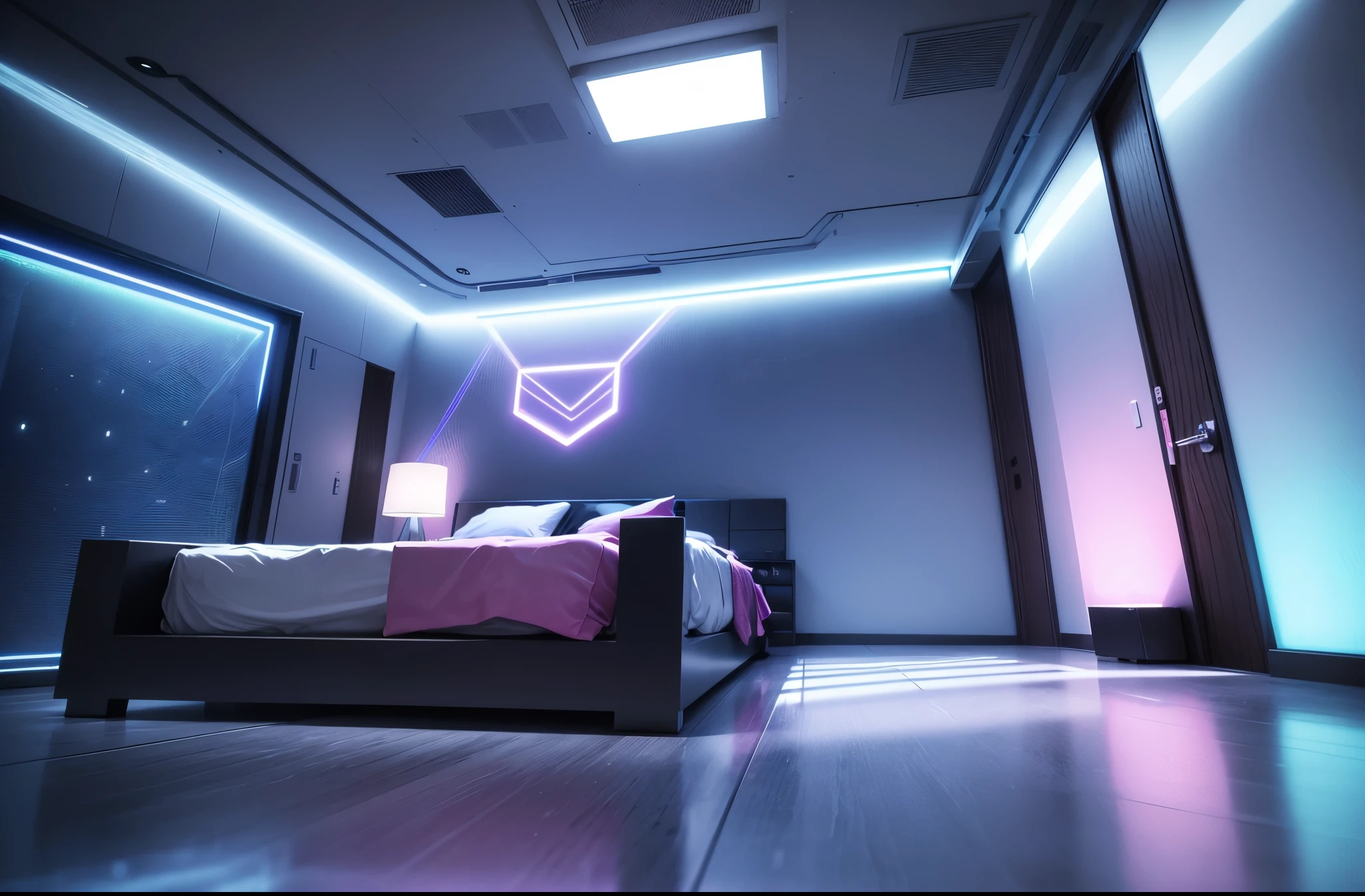 (best quality,4k,8k,highres,masterpiece:1.2),ultra-detailed,(realistic,photorealistic,photo-realistic:1.37),blue and pink cyberpunk empty room with furniture (no person),futuristic neon lights,high-tech,modern design,transparent walls,reflection on the floor,levitating objects,vibrant colors,glowing holographic displays,highly-detailed 3D models,sleek furniture,ambient lighting,shadows and highlights,hi-tech gadgets,smooth surfaces,metallic finishes,contemporary artwork,industrial accents,geometric shapes,abstract patterns,laser beams,an immersive atmosphere,wireless charging pads,LED strips,interplay of light and shadows,advanced technology,crystal-clear glass,neon signs,streaming data,innovative architecture,cosmic backdrop,electronic devices,sophisticated aesthetics,motion sensor activated lights,a perfect blend of blue and pink tones,a minimalistic approach with a touch of avant-garde,an ethereal and otherworldly aura,unique and cutting-edge design elements for a surreal experience.