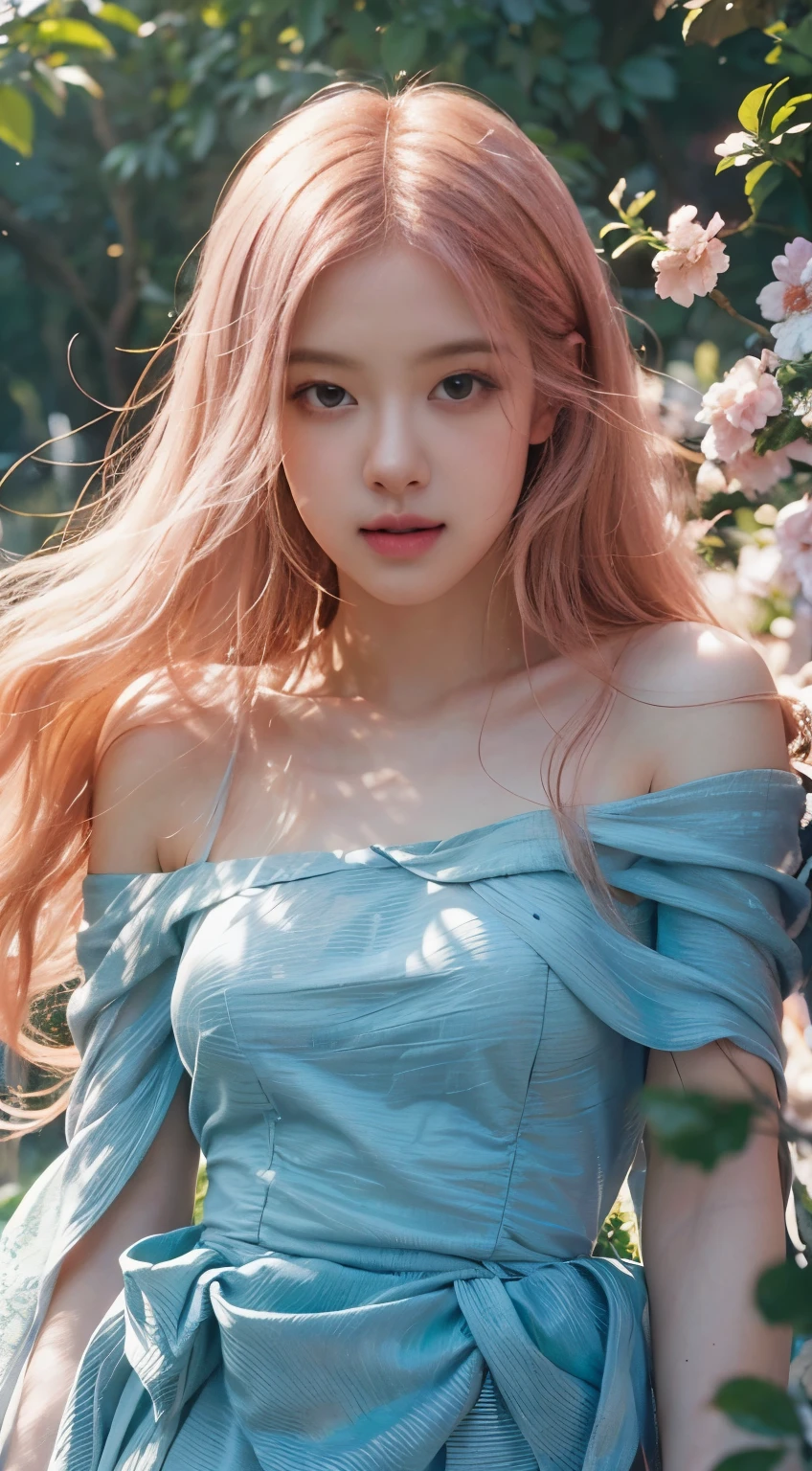 Rosé from blackpink, girl,hair blowing in the wind,flowing dress,beautiful detailed eyes, dreamy expression,soft sunlight,artistic portrait,photorealistic,bokeh,vivid colors,creative lighting,romantic atmosphere,floral elements,ethereal beauty,waist-length hair,peaceful and serene,enchanted garden,delicate features,pure and innocent,lush greenery,fantasy world,magical ambiance,impressionist painting style,with big ,naked,no dress,no lingerie,pussy