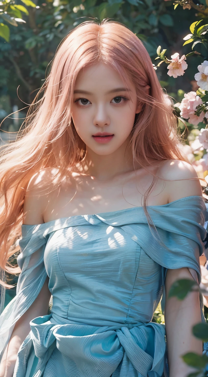 Rosé from blackpink, girl,hair blowing in the wind,flowing dress,beautiful detailed eyes, dreamy expression,soft sunlight,artistic portrait,photorealistic,bokeh,vivid colors,creative lighting,romantic atmosphere,floral elements,ethereal beauty,waist-length hair,peaceful and serene,enchanted garden,delicate features,pure and innocent,lush greenery,fantasy world,magical ambiance,impressionist painting style,with big ,naked,no dress,no lingerie,pussy