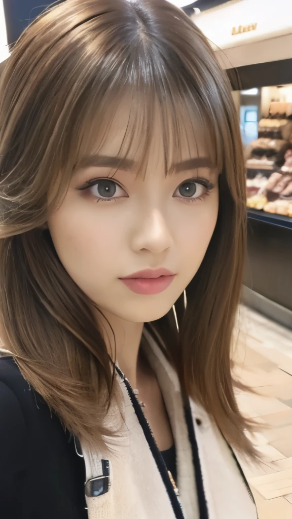 Best quality, 8k,  ,Masterpiece :1.3)), facing viewer,((full body1.2)) ,pretty woman, wide shot ,1girl, , selfie   , ,, Shopping Mall, brown hair  , bangs,ultra-detailed face, highly detailed lips, detailed eyes, double eyelid