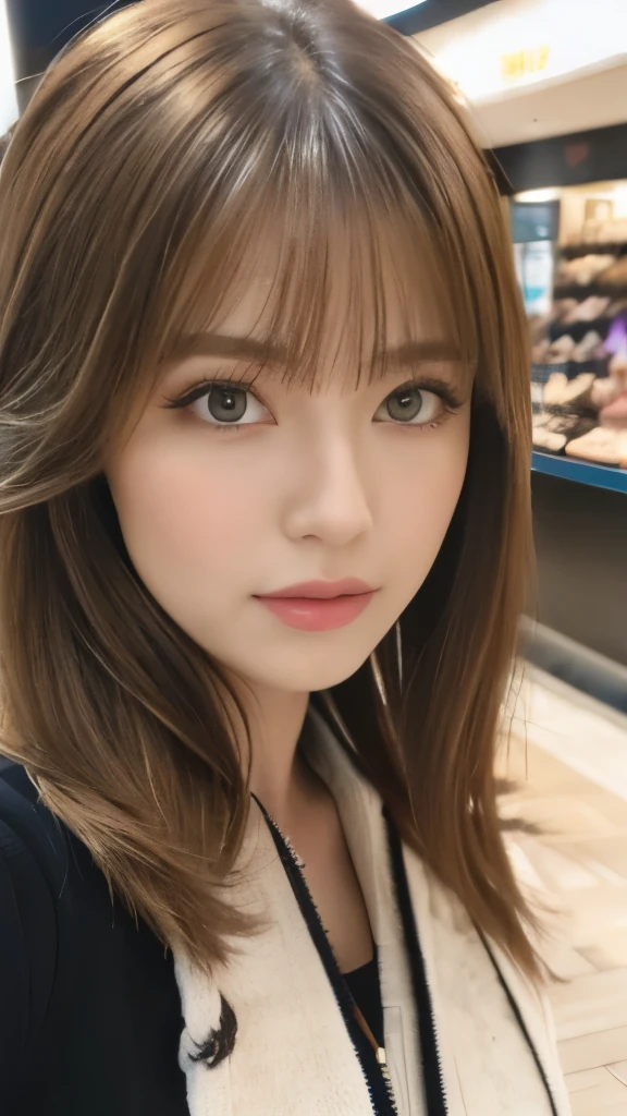 Best quality, 8k, ,Masterpiece :1.3)), facing viewer,((full body1.2)) ,pretty woman, wide shot ,1girl, , selfie , ,, Shopping Mall, brown hair , bangs,ultra-detailed face, highly detailed lips, detailed eyes, double eyelid
