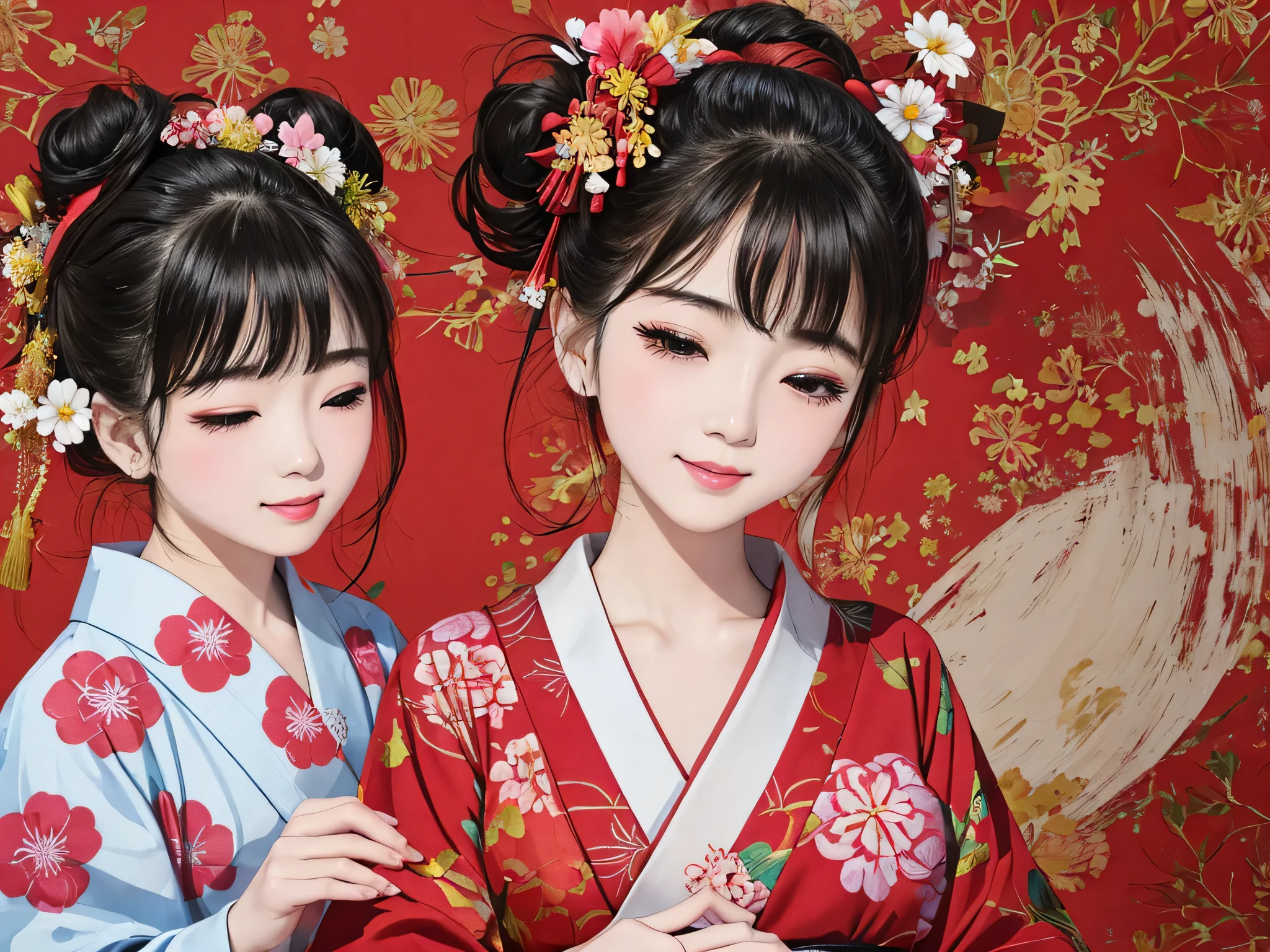 Each has a different expression２People and sisters、(２ girls）、｟Dancing traditional arts with grace)、((Big Breasts、Small Face、Not exposed))、highest quality、masterpiece、（Black Hair、Bun Hair）、Brown Eyes、｟Wide angle、Angle from above the waist、Pause on the magazine cover、Each person has a different perspective when looking into the distance｠、(８K high quality、masterpiece、High resolution、Realistic and beautiful light and shadow、(highest quality)、(High Resolution)、(Very delicate and beautiful)、(Beautiful 8k face)、(Smiling and closing your eyes、Beautiful eyes)、(Clear skin)、(Soft hair)、(８Head to Body)、(A Japanese style yukata kimono with red, pink and orange floral patterns on a white background, interspersed with gold powder、Wearing a yukata２Beautiful Japanese girls)、((Tanabata decoration background))、((Small Face))、(arms up)、Thin and small nose、（Red lipstick）、（Make your cheeks red）、（Glossy skin）、((Ink painting style))、Very thin eyebrows、Overall ultra-high image quality、（She is wearing maiko-style makeup.）、Whitening、Long and beautiful eyelashes、Glowing Skin、（Red cheeks）,Straight nose、masterpiece、highest quality、whole body、 Eyebrows visible through hair、Bun Hair、Grin、Gal、Kogal、Viewer&#39;s Eyes、Plaid、Stylish、woman、fine、Pause、
Waiting to start 
