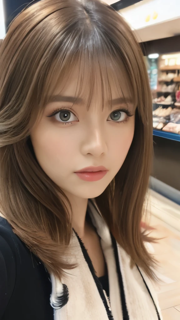 Best quality, 8k, ,Masterpiece :1.3)), facing viewer,((full body1.2)) ,pretty woman, wide shot ,1girl, , selfie , ,, Shopping Mall, brown hair , bangs,ultra-detailed face, highly detailed lips, detailed eyes, double eyelid