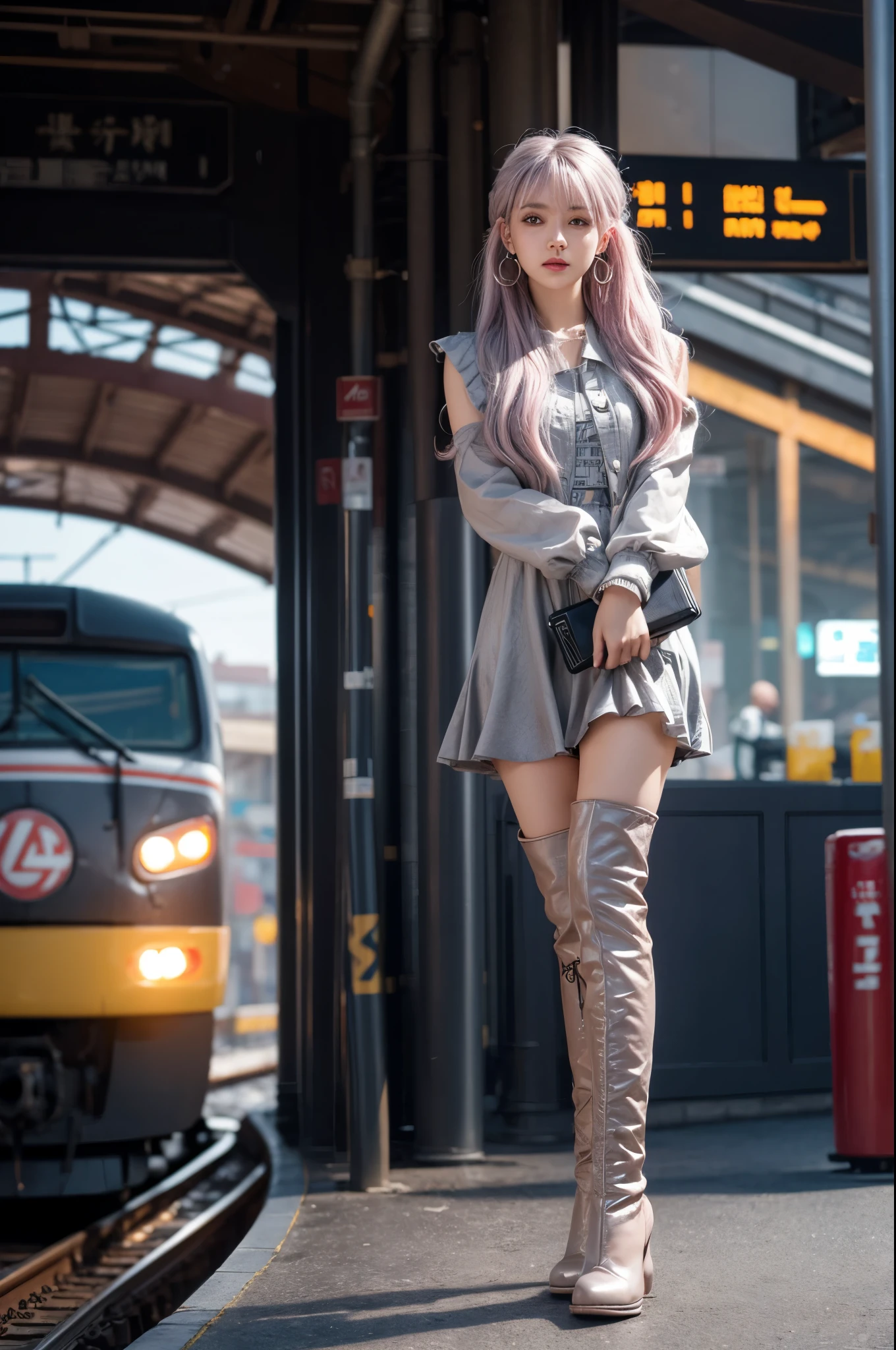 artworks,ultra high resolution,8K resolution,Accurate facial features with depth of field,is a perfect face,girl,the only person,ssmile,Long gray hair,with pink hair,crossed bangs,shairband,bangle,collars,hoop earings,aviator sunglasses bomber jacket,red fire retardant clothing,Over-the-knee boots,Ruffled pantyhose,crouched,facing to audience,eventide,temple,Train station,Fleet Collection,movie lighting