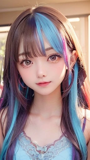 Small face、 (alone:1.5,)Very detailed,Bright colors, Very beautiful detailed anime faces and eyes, Look straight ahead, Shiny_skin,girl, (((Rainbow Hair, Colorful Hair, Half red、half blue hair: 1.2))), 、Shiny hair, Delicate beautiful face, blush、Glasses、(Turquoise Eyes), , Valletta, Earrings,、Flower Garden、Sunset、(((See-through、sexy、All-lace camisole、Brown、,Translucent shirt)))、(Twin tails)、smile、Happy Face、face dyed red、Cheerful pose、dynamic、Laugh gently