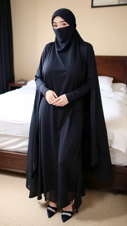 a beautiful young woman hijab, (((super big breast))), (very big breast covered) perfect face, (((very huge big breast,))), ((( Big Breast))) long dress muslim, (((covering mouth, long veil))), Slim Face、27 years old, stil young, Pretty Lady, smile eyes, sleep in bedroom, stand up, high heels, (big breast tight covered) , see full body image