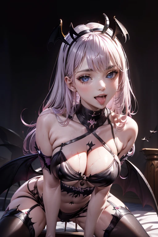 Five Fingers、Ultra-high resolution、8k、Realistic、Perfect Sentence、Detailed lighting、Dramatic Shadows、Ray Tracing、1 girl、 Looking at the audience、The Enchanting Queen Succubus:1.5、(black big wings:1.5)、Tight see-through lingerie、Big Breasts:1.4 、Condescending smile、Ulzzang Makeup、Hotel Rooms、(Silver Hair:1.1)、Greedy Pink Crotch Tattoo:1.5、upper body image、(Browsing Caution、Straddling Woman:1.5, 1 boy)、Perfect Proportions:1.5、(From below:1.5)、(Lick one&#39;Lips:1.2)、(Leaning forward:1.5、Grab your chest:1.5)、(stick out one&#39;s tongue:1.5)