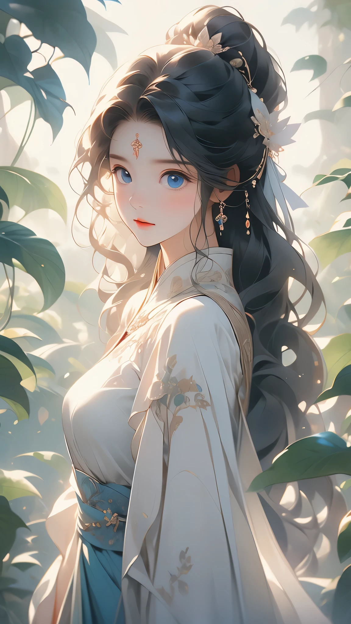 (1teenager:1.3),( 13years old:1.3),slim body,white skin,black hair,long hair,dress,white hair,cat ears,The morning sun filtered through the leaves,On Jing's long blonde hair,Illuminates her bright blue eyes,She was wearing a long pale blue dress,Tread lightly on the bluestone path,The breeze brushed her face,Bring a breath of fresh air,Xiaojing's expression is calm and gentle,Her hands clasped together,Pray to the temple,Surrounded by green hills,Diffuse in clouds and mist,Creating an atmosphere of peace and quiet