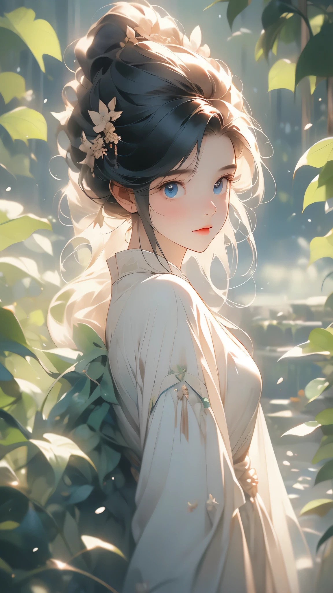 (1teenager:1.3),( 13years old:1.3),slim body,white skin,black hair,long hair,dress,white hair,cat ears,The morning sun filtered through the leaves,On Jing's long blonde hair,Illuminates her bright blue eyes,She was wearing a long pale blue dress,Tread lightly on the bluestone path,The breeze brushed her face,Bring a breath of fresh air,Xiaojing's expression is calm and gentle,Her hands clasped together,Pray to the temple,Surrounded by green hills,Diffuse in clouds and mist,Creating an atmosphere of peace and quiet