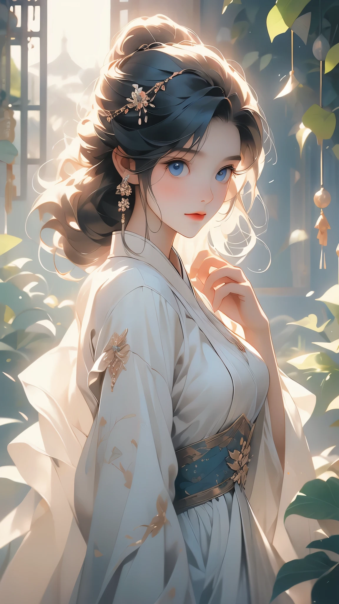 (1teenager:1.3),( 13years old:1.3),slim body,white skin,black hair,long hair,dress,white hair,cat ears,The morning sun filtered through the leaves,On Jing's long blonde hair,Illuminates her bright blue eyes,She was wearing a long pale blue dress,Tread lightly on the bluestone path,The breeze brushed her face,Bring a breath of fresh air,Xiaojing's expression is calm and gentle,Her hands clasped together,Pray to the temple,Surrounded by green hills,Diffuse in clouds and mist,Creating an atmosphere of peace and quiet