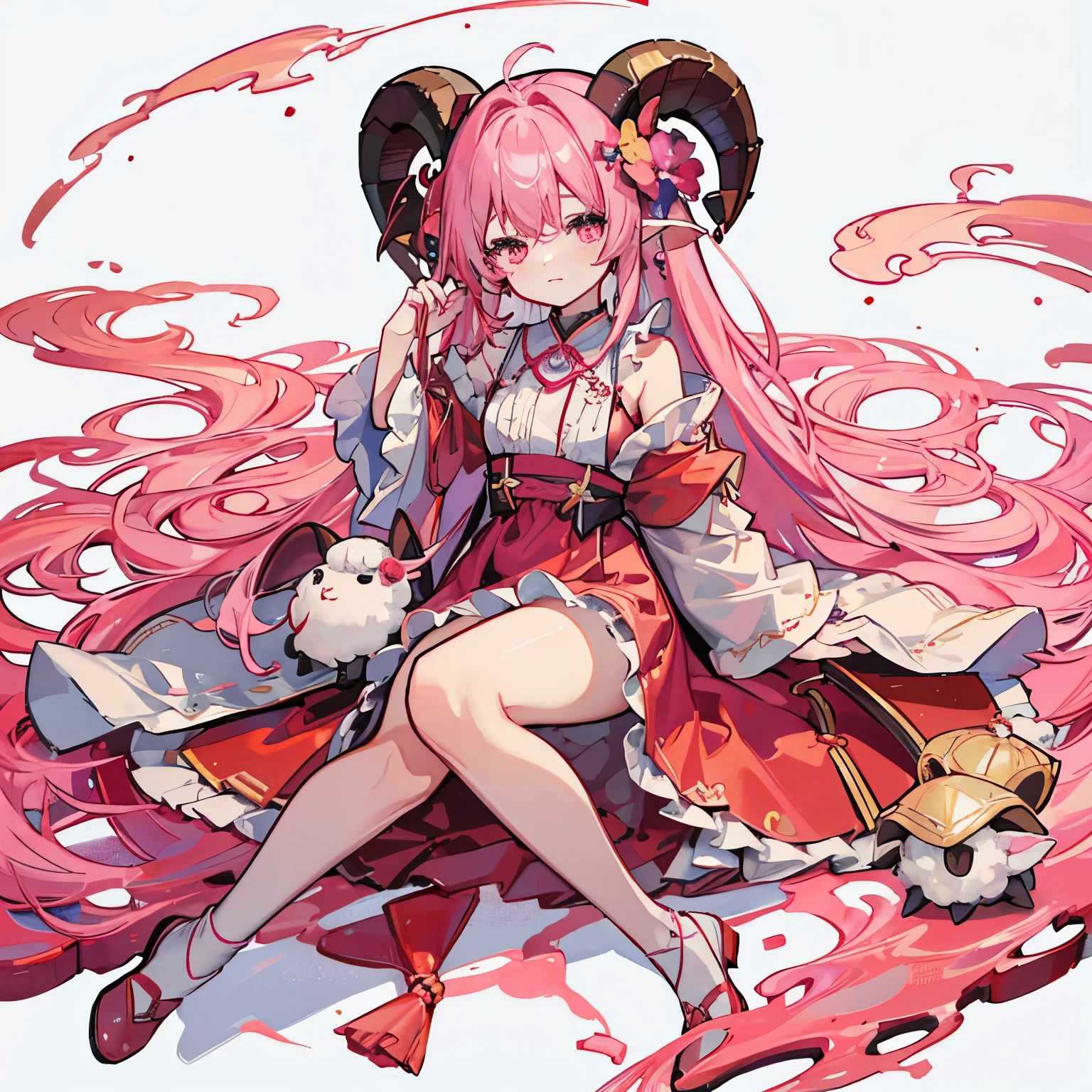 (masterpiece, highest quality), Very detailed, Anime Style, whole body, Traditional Magician Girl, Wearing a loose red dress, Ram horns growing from his head, Pink miasma in the air, Falling sleepily、Digital Painting, 8K High Resolution, Trend Art Station, White Background, whole body、Red-pink、Sheep motif girl、Dream Cute、Haze、Pink Flower、Sleeping comfortably