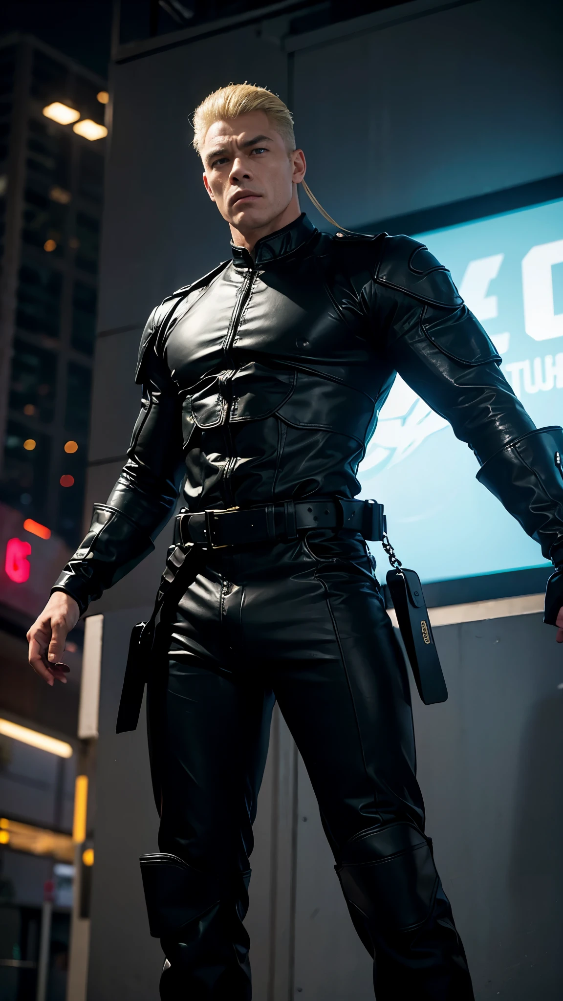 Played by Jean-Claude Van Damme『Street Fighter』The ultra-high definition image of Lt. Colonel Guile is stunning.。Guile, dressed in his iconic black battle suit,、Full-body HD images show every muscle and detail of your enemy in intense combat。The background of the neon-lit cyber town、Add a shocking atmosphere to the scene、Create an exhilarating masterpiece。