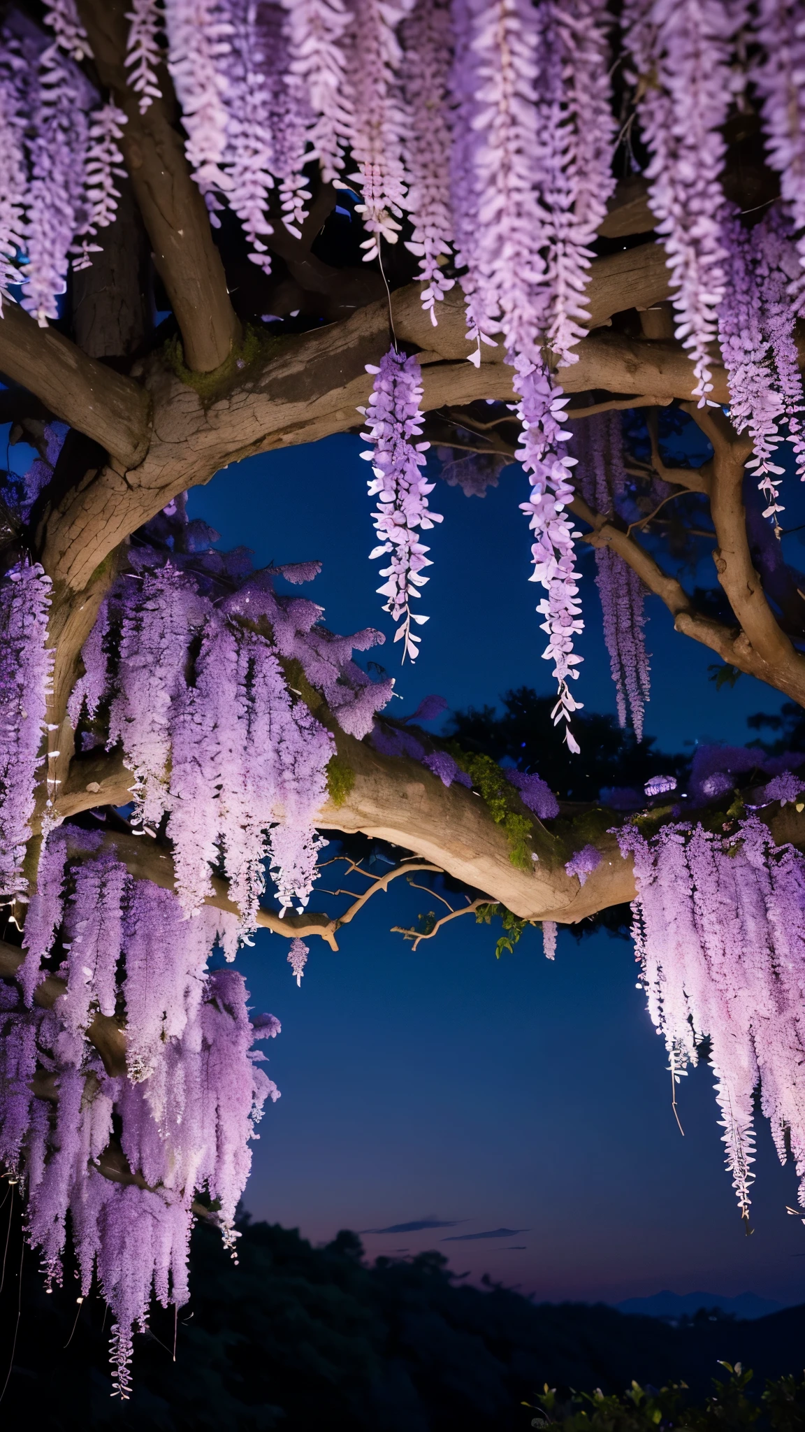 A breathtaking view of a wisteria tree in full bloom, illuminated at night