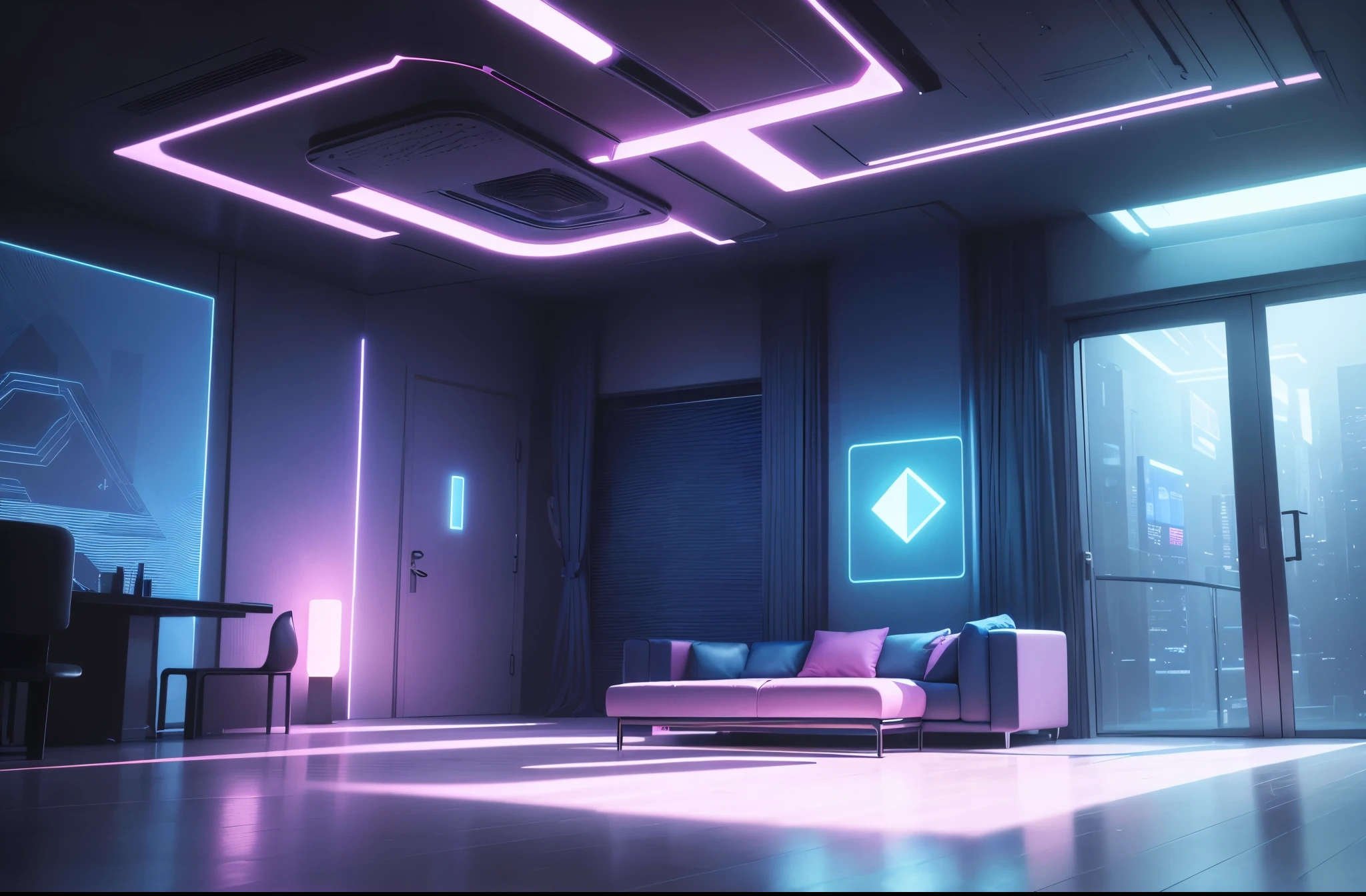 (best quality,4k,8k,highres,masterpiece:1.2),ultra-detailed,(realistic,photorealistic,photo-realistic:1.37),blue and pink cyberpunk empty room with furniture (no person),futuristic neon lights,high-tech,modern design,transparent walls,reflection on the floor,levitating objects,vibrant colors,glowing holographic displays,highly-detailed 3D models,sleek furniture,ambient lighting,shadows and highlights,hi-tech gadgets,smooth surfaces,metallic finishes,contemporary artwork,industrial accents,geometric shapes,abstract patterns,laser beams,an immersive atmosphere,wireless charging pads,LED strips,interplay of light and shadows,advanced technology,crystal-clear glass,neon signs,streaming data,innovative architecture,cosmic backdrop,electronic devices,sophisticated aesthetics,motion sensor activated lights,a perfect blend of blue and pink tones,a minimalistic approach with a touch of avant-garde,an ethereal and otherworldly aura,unique and cutting-edge design elements for a surreal experience.
