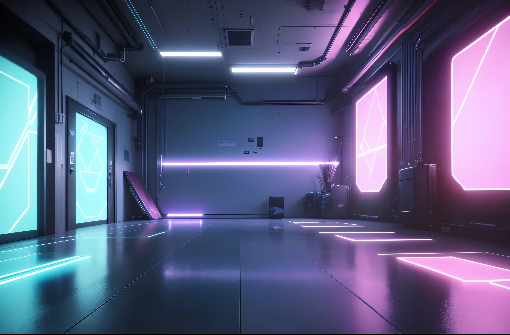 (best quality,4k,8k,highres,masterpiece:1.2),ultra-detailed,(realistic,photorealistic,photo-realistic:1.37),blue and pink cyberpunk empty room with furniture (no person),futuristic neon lights,high-tech,modern design,transparent walls,reflection on the floor,levitating objects,vibrant colors,glowing holographic displays,highly-detailed 3D models,sleek furniture,ambient lighting,shadows and highlights,hi-tech gadgets,smooth surfaces,metallic finishes,contemporary artwork,industrial accents,geometric shapes,abstract patterns,laser beams,an immersive atmosphere,wireless charging pads,LED strips,interplay of light and shadows,advanced technology,crystal-clear glass,neon signs,streaming data,innovative architecture,cosmic backdrop,electronic devices,sophisticated aesthetics,motion sensor activated lights,a perfect blend of blue and pink tones,a minimalistic approach with a touch of avant-garde,an ethereal and otherworldly aura,unique and cutting-edge design elements for a surreal experience.