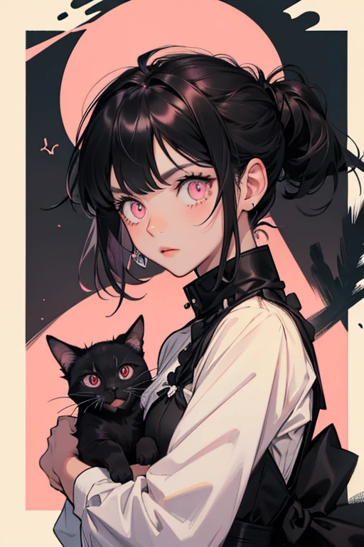 Animal drawing of a cute black cat with pink eyes