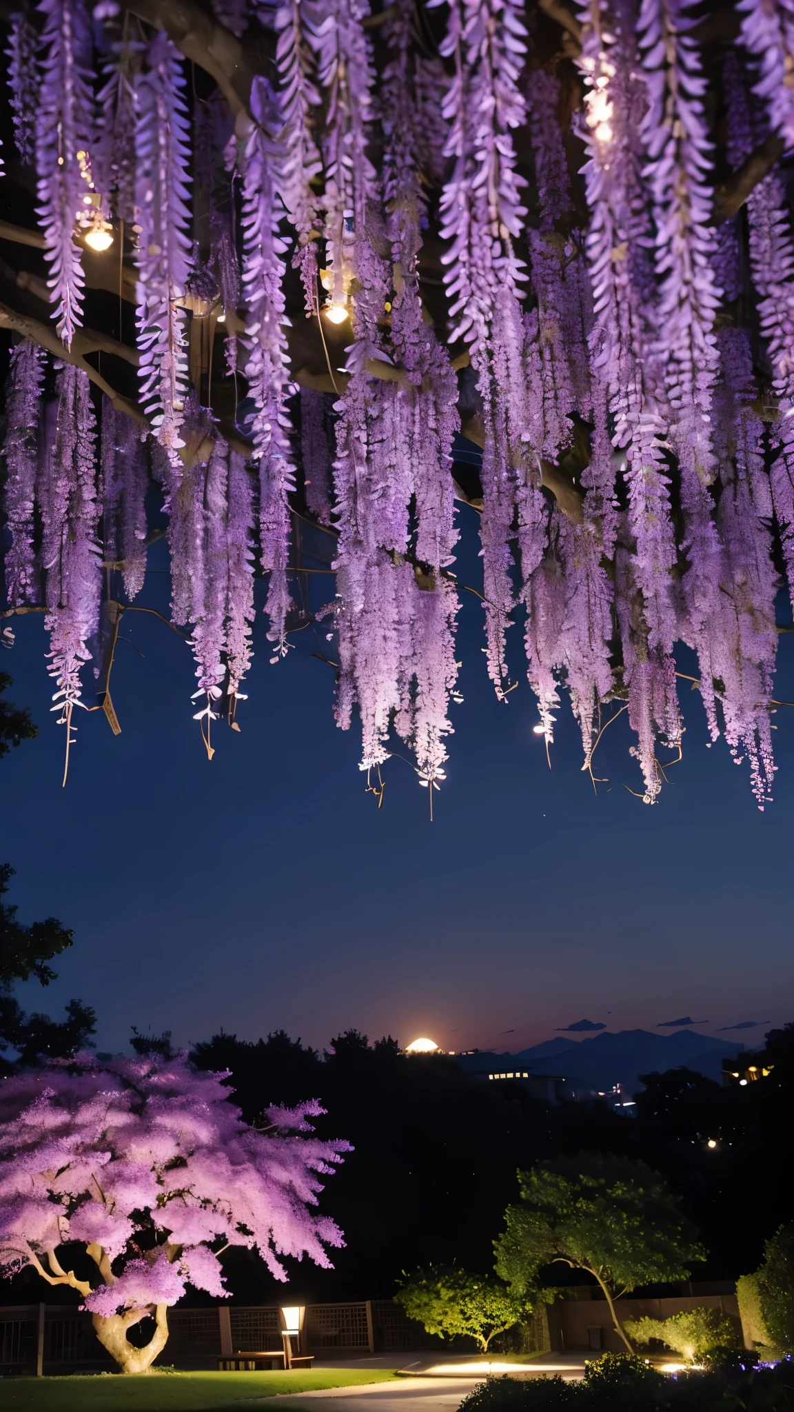 A breathtaking view of a wisteria tree in full bloom, illuminated at night