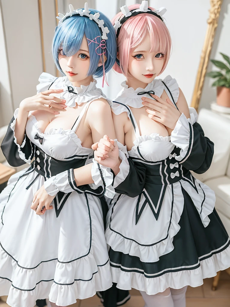 (8K, Photorealistic, Raw photo, of the highest quality: 1.3), (1girl in), Super beautiful, (Realistic face), (boyish, pink Color Berry Shorthair), Beautiful , Glare that captivates the viewer, Beautiful expression, Beautiful breasts, (Realistic skin), Be...Create a detailed and colorful image of Ram and Rem from Re:Zero, standing back-to-back in their maid outfits, with a magical fantasy background、14years old, two girls,cute, perfect face, beautiful, nice body, gothic ta clothes, gothic loliashion, frilly skirt, headdress, necklace, bracelet, knee-high socks, boots, double eyelids, tear bags, Detailed down to the fingers, photo-like description, indoors, dim indoor lighting, one girl is pink hair and short bob, another girl is light blue hair and short bob,standing, sexy posing,whole body, composition that shows the whole body, smiling,The Both of them are wearing the same type of maid outfit,Optimal ratio of 4 fingers and 1 thumb