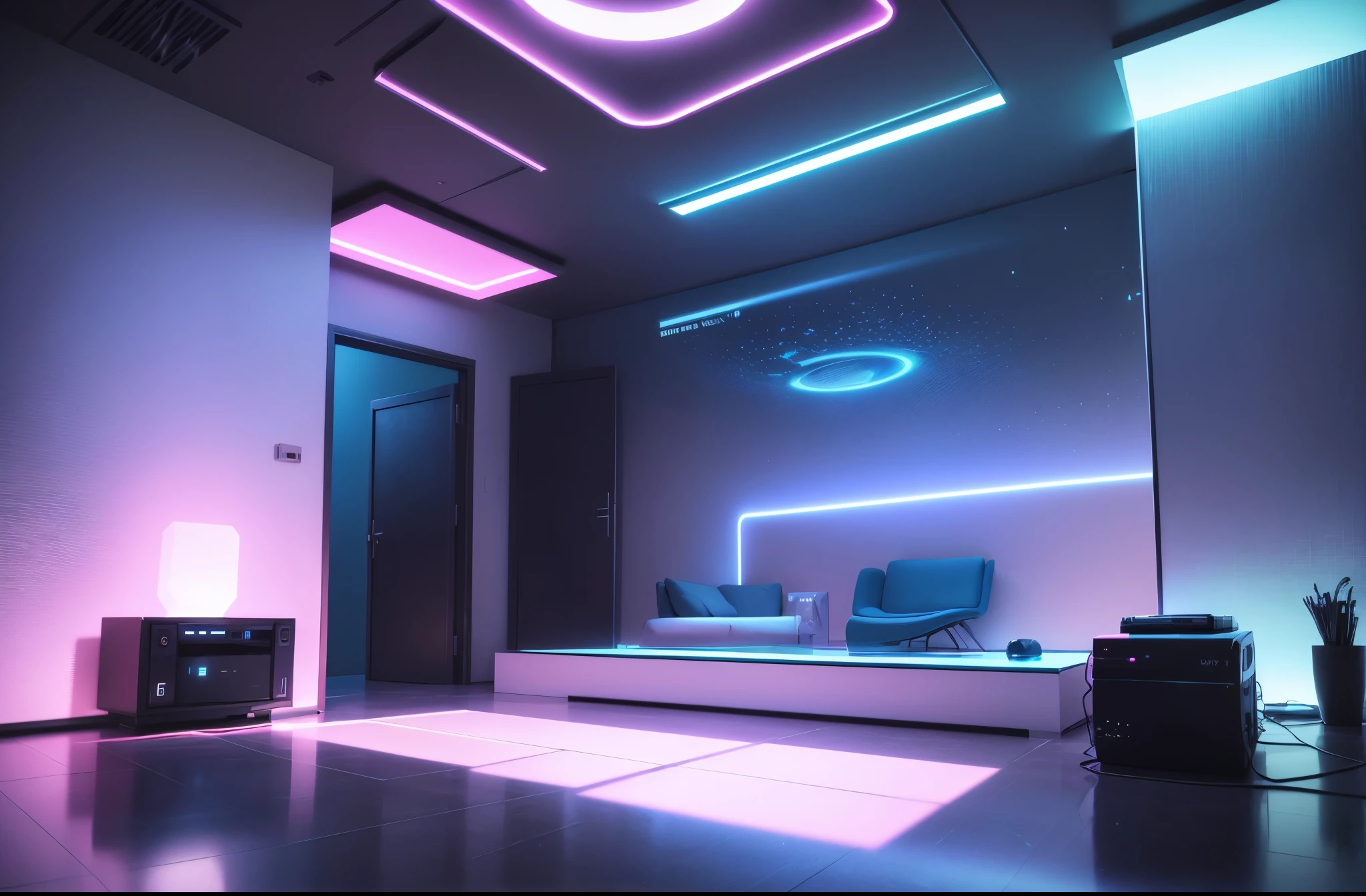 (best quality,4k,8k,highres,masterpiece:1.2),ultra-detailed,(realistic,photorealistic,photo-realistic:1.37),blue and pink cyberpunk empty room with furniture (no person),futuristic neon lights,high-tech,modern design,transparent walls,reflection on the floor,levitating objects,vibrant colors,glowing holographic displays,highly-detailed 3D models,sleek furniture,ambient lighting,shadows and highlights,hi-tech gadgets,smooth surfaces,metallic finishes,contemporary artwork,industrial accents,geometric shapes,abstract patterns,laser beams,an immersive atmosphere,wireless charging pads,LED strips,interplay of light and shadows,advanced technology,crystal-clear glass,neon signs,streaming data,innovative architecture,cosmic backdrop,electronic devices,sophisticated aesthetics,motion sensor activated lights,a perfect blend of blue and pink tones,a minimalistic approach with a touch of avant-garde,an ethereal and otherworldly aura,unique and cutting-edge design elements for a surreal experience.