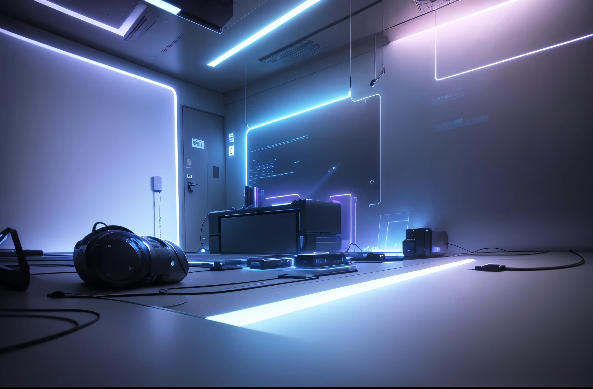 (best quality,4k,8k,highres,masterpiece:1.2),ultra-detailed,(realistic,photorealistic,photo-realistic:1.37),blue and pink cyberpunk empty room with furniture (no person),futuristic neon lights,high-tech,modern design,transparent walls,reflection on the floor,levitating objects,vibrant colors,glowing holographic displays,highly-detailed 3D models,sleek furniture,ambient lighting,shadows and highlights,hi-tech gadgets,smooth surfaces,metallic finishes,contemporary artwork,industrial accents,geometric shapes,abstract patterns,laser beams,an immersive atmosphere,wireless charging pads,LED strips,interplay of light and shadows,advanced technology,crystal-clear glass,neon signs,streaming data,innovative architecture,cosmic backdrop,electronic devices,sophisticated aesthetics,motion sensor activated lights,a perfect blend of blue and pink tones,a minimalistic approach with a touch of avant-garde,an ethereal and otherworldly aura,unique and cutting-edge design elements for a surreal experience.