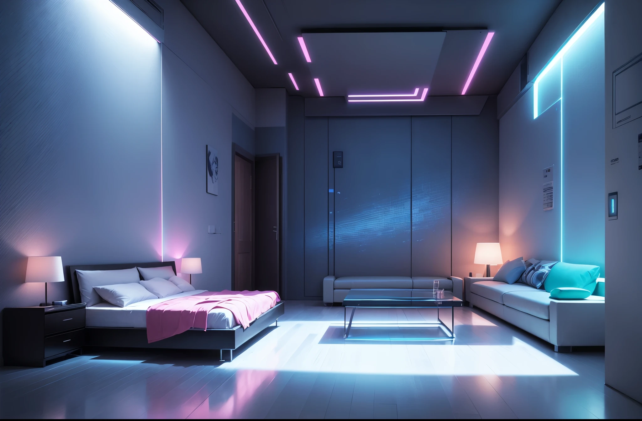 (best quality,4k,8k,highres,masterpiece:1.2),ultra-detailed,(realistic,photorealistic,photo-realistic:1.37),blue and red cyberpunk empty room with furniture (no person),futuristic neon lights,high-tech,modern design,transparent walls,reflection on the floor,levitating objects,vibrant colors,glowing holographic displays,highly-detailed 3D models,sleek furniture,ambient lighting,shadows and highlights,hi-tech gadgets,smooth surfaces,metallic finishes,contemporary artwork,industrial accents,geometric shapes,abstract patterns,laser beams,an immersive atmosphere,wireless charging pads,LED strips,interplay of light and shadows,advanced technology,crystal-clear glass,neon signs,streaming data,innovative architecture,cosmic backdrop,electronic devices,sophisticated aesthetics,motion sensor activated lights,a perfect blend of blue and pink tones,a minimalistic approach with a touch of avant-garde,an ethereal and otherworldly aura,unique and cutting-edge design elements for a surreal experience.